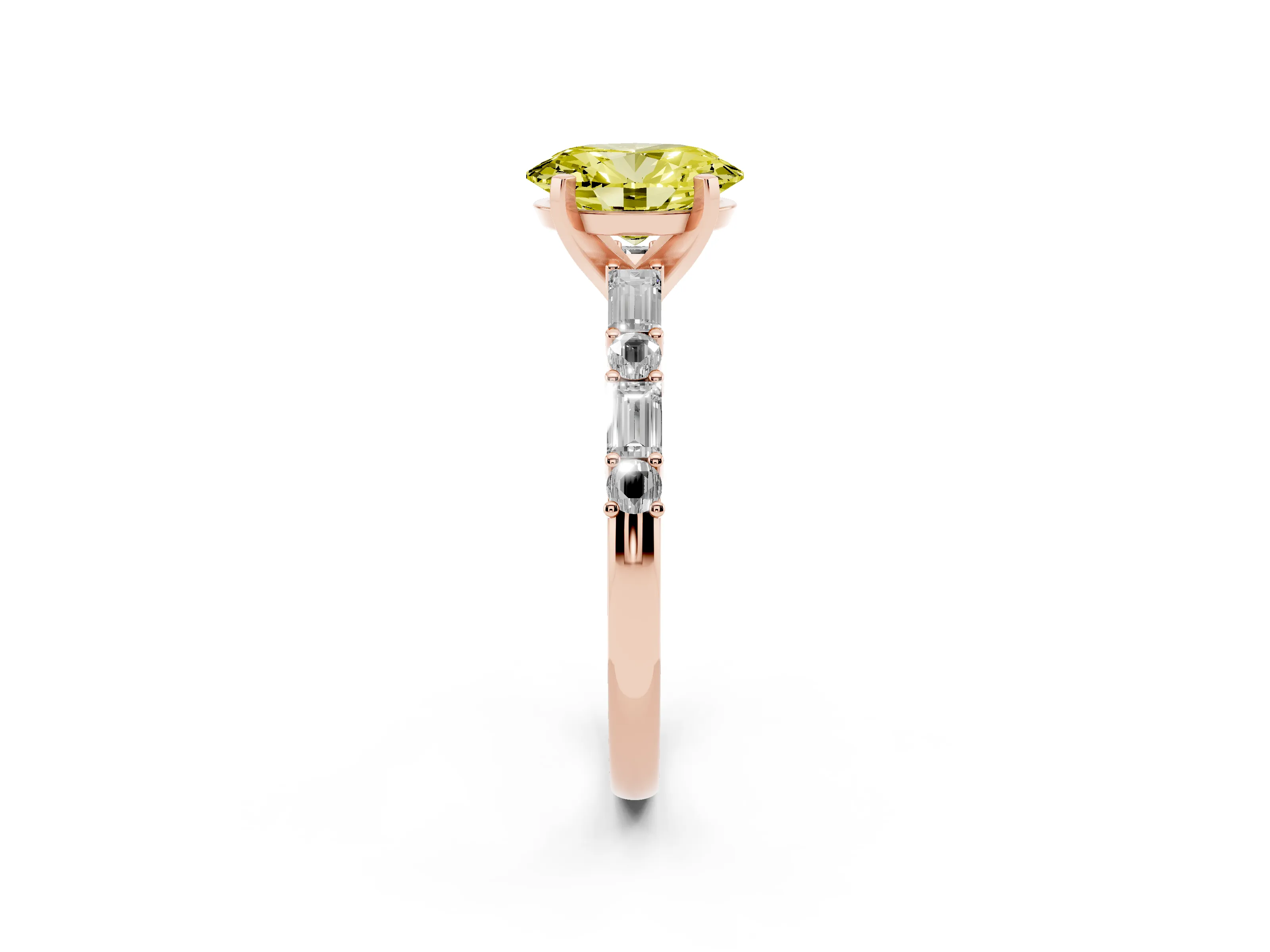 Fancy Yellow Oval Cut Diamond Solitaire Set in Rose gold with Side Baguettes and Channel Set Band