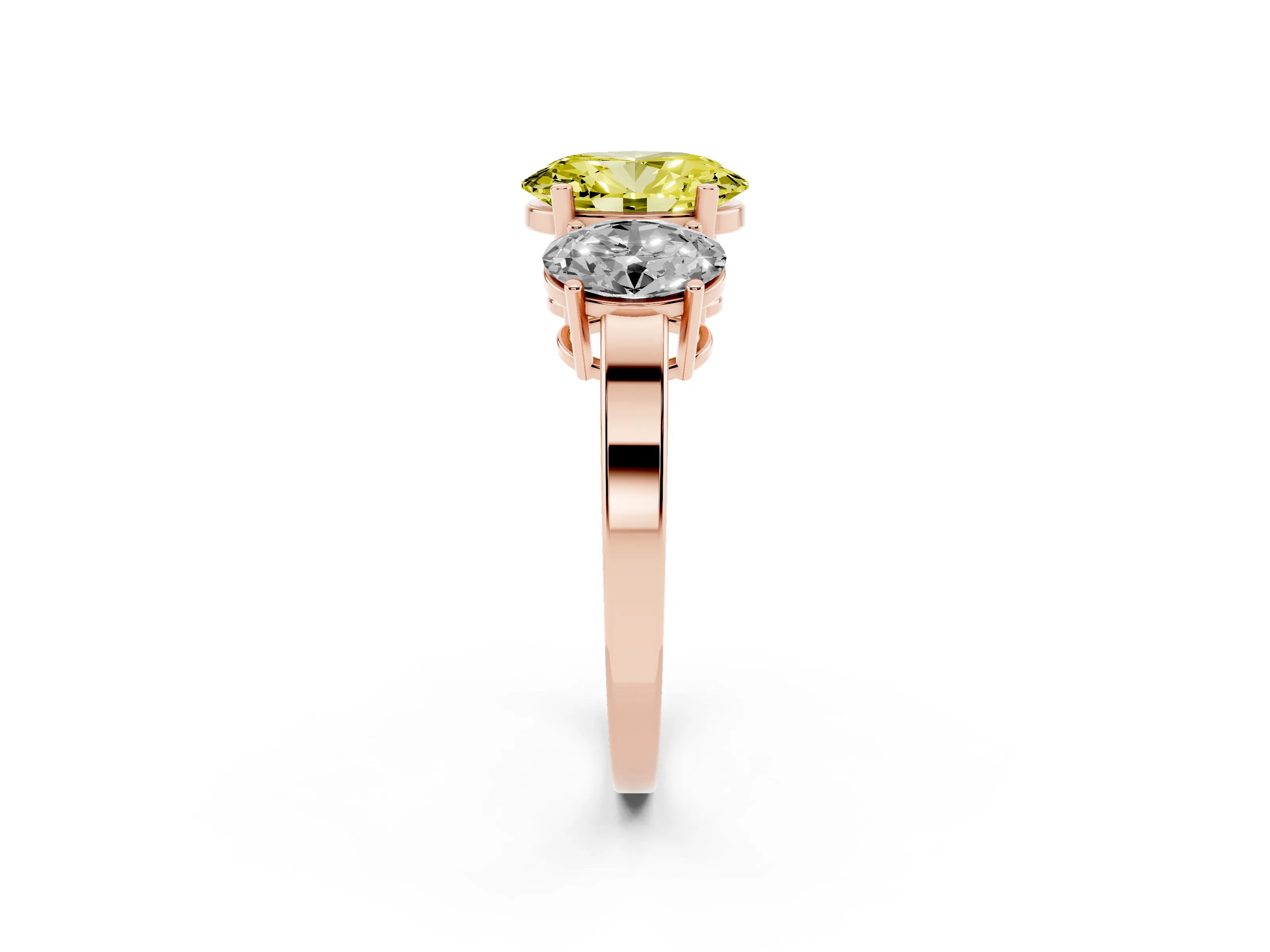 Fancy Yellow Oval Cut Diamond Three-Stone Engagement Ring Set in Rose gold with Flat Band