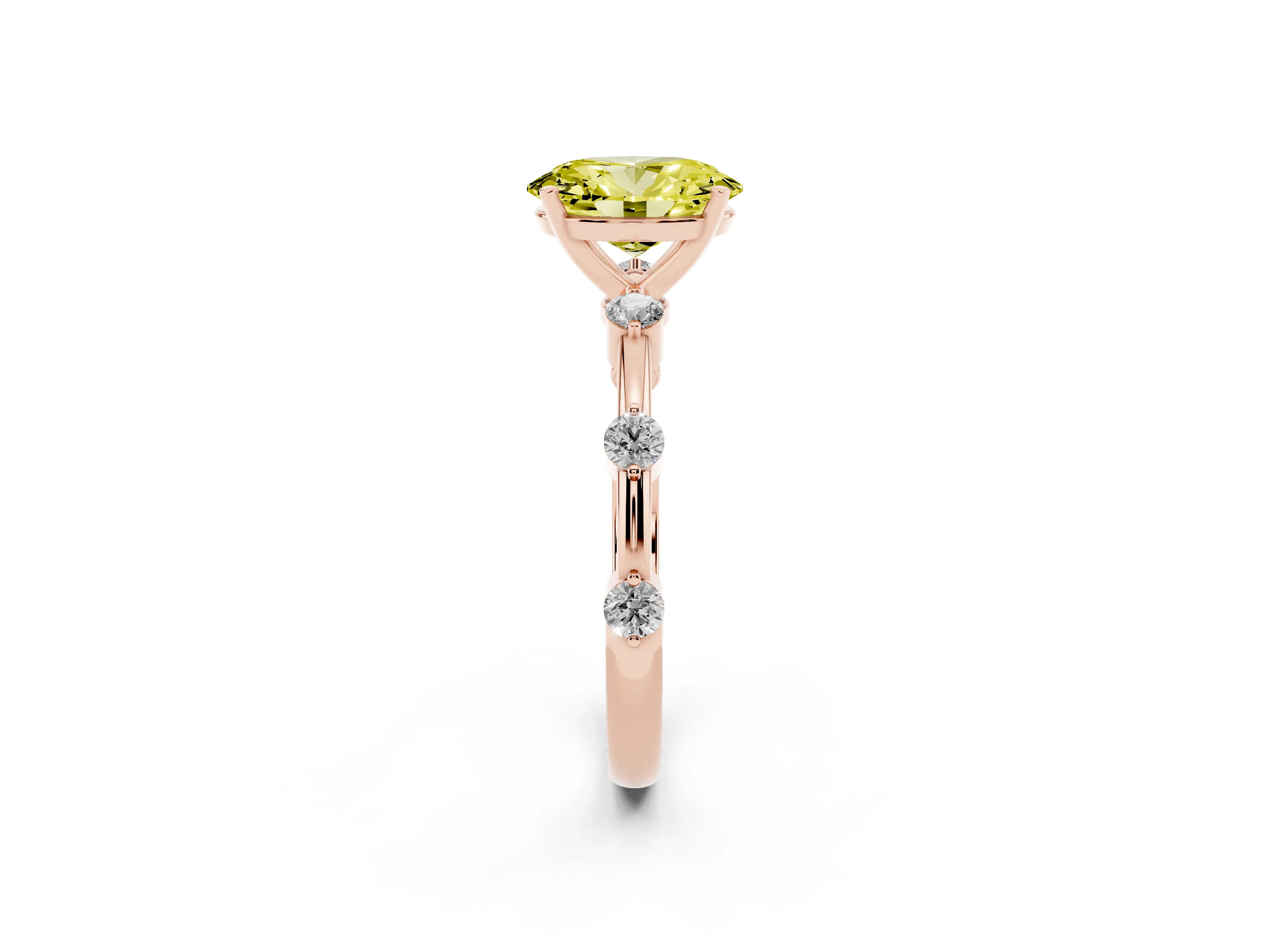 Fancy Yellow Oval Cut Diamond Solitaire Ring Set in Rose gold with Bezel Set Side Stones and Prong Setting