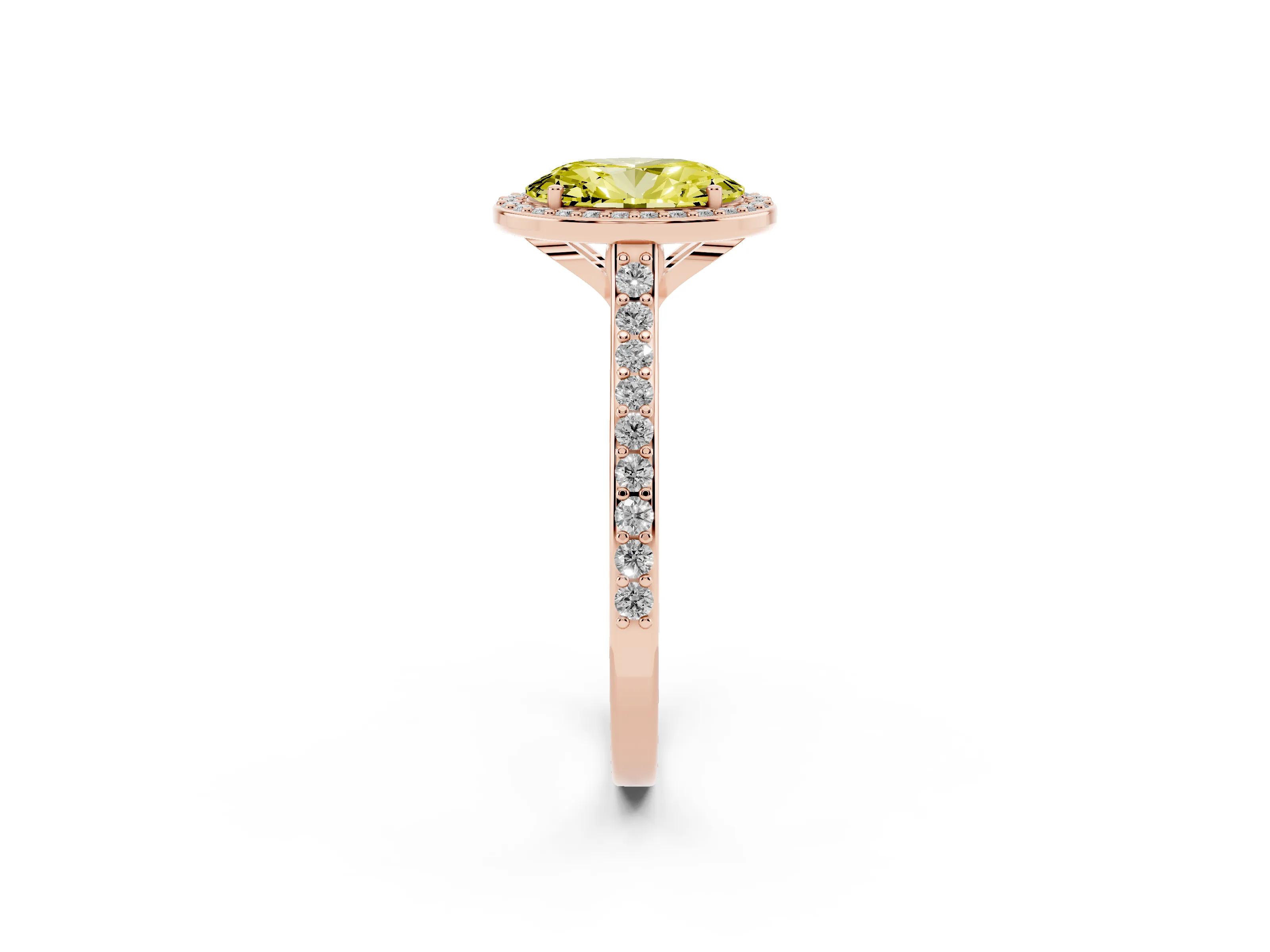 Fancy Yellow Oval Cut Diamond Halo Engagement Ring Set in Rose gold with Round Pavé Shoulders and Heart Gallery