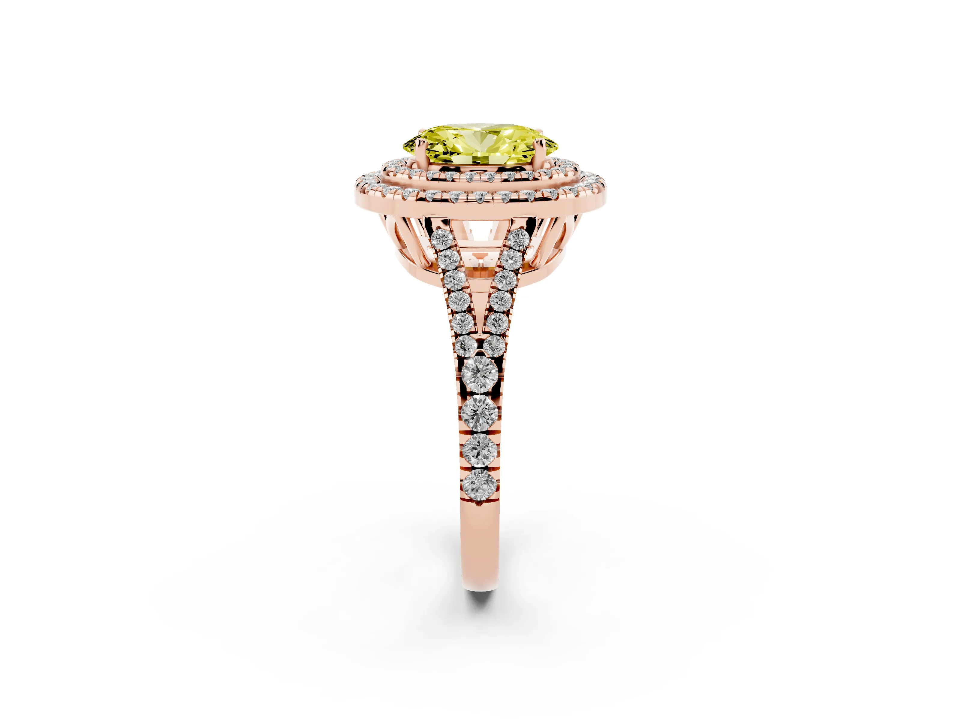 Fancy Yellow Oval Cut Diamond Double Halo Ring Set in Rose gold with Pavé Band