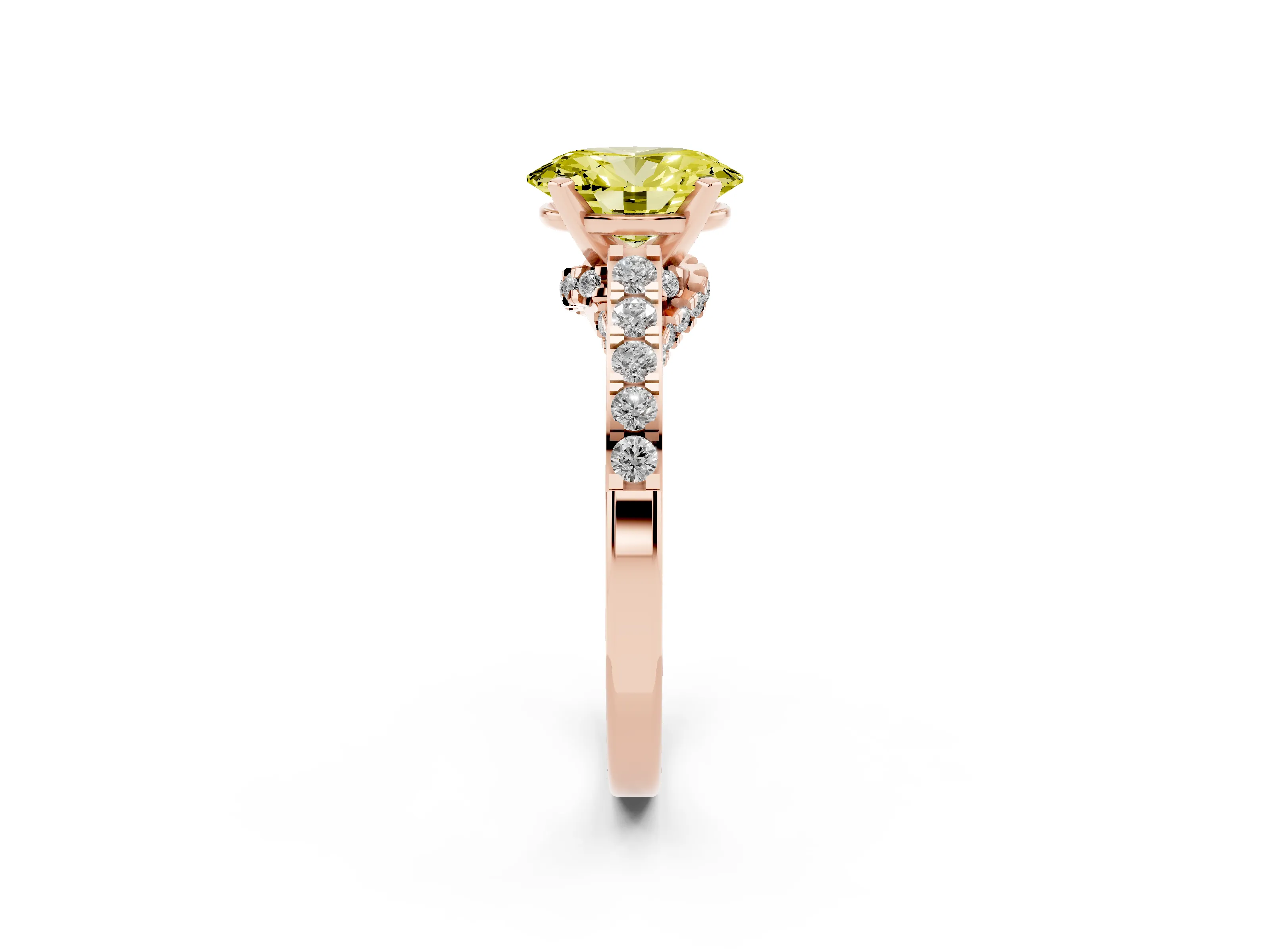 Fancy Yellow Oval Cut Diamond Solitaire Ring Set in Rose gold with Crossover Gallery and Round Pavé Band