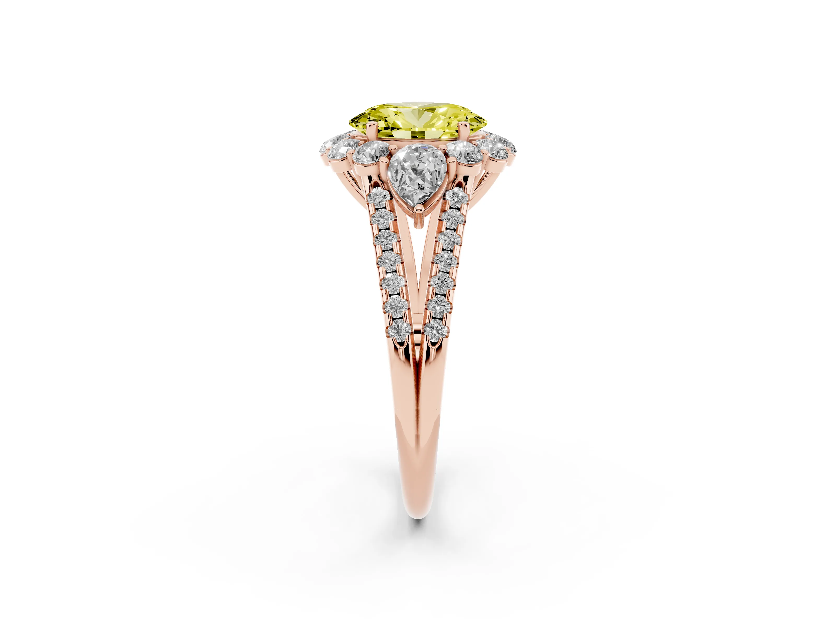 Fancy Yellow Oval Cut Diamond Halo Split Shank Engagement Ring Set in Rose gold with Prong-Held Center Stone