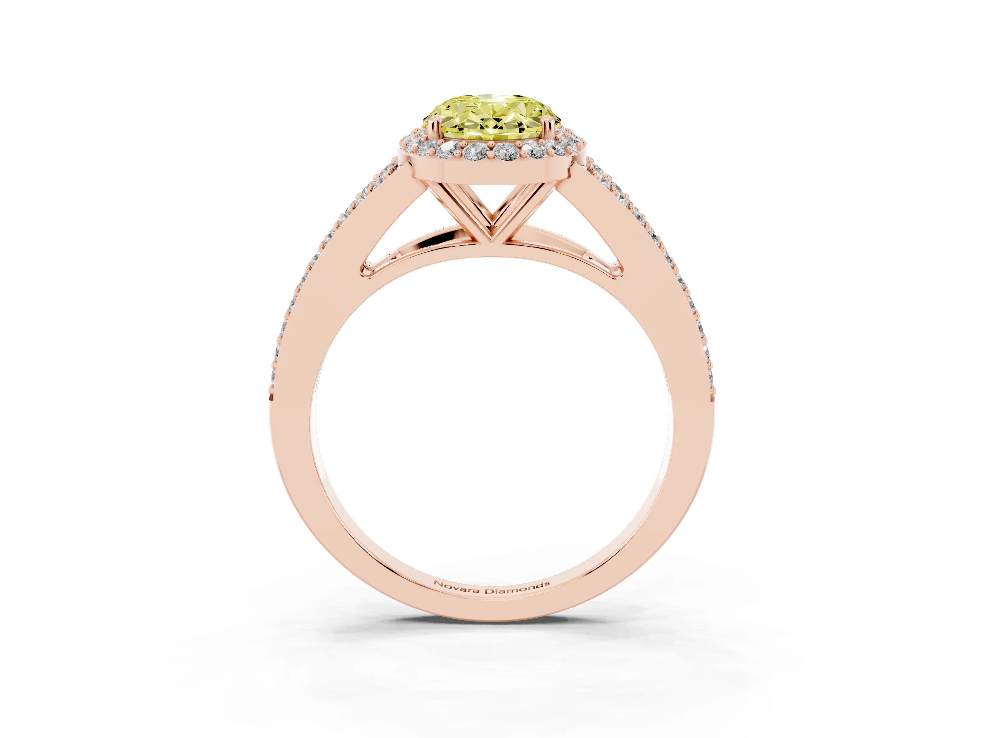Fancy Yellow Oval Cut Diamond Halo Split Shank Ring Set in Rose gold with Accent Stones and Prong Setting