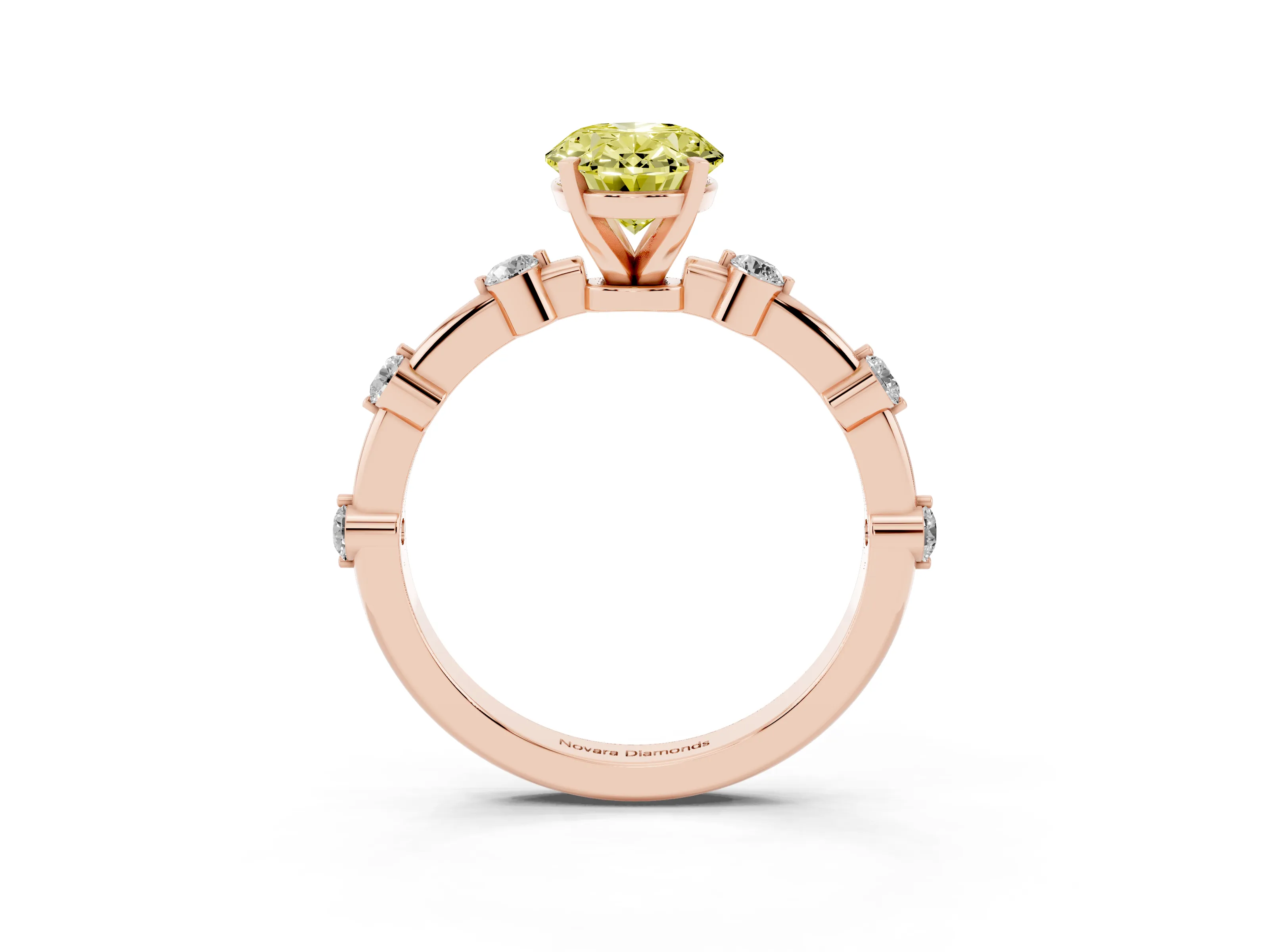 Fancy Yellow Oval Cut Diamond Solitaire Ring Set in Rose gold with Bezel Set Side Stones and Prong Setting