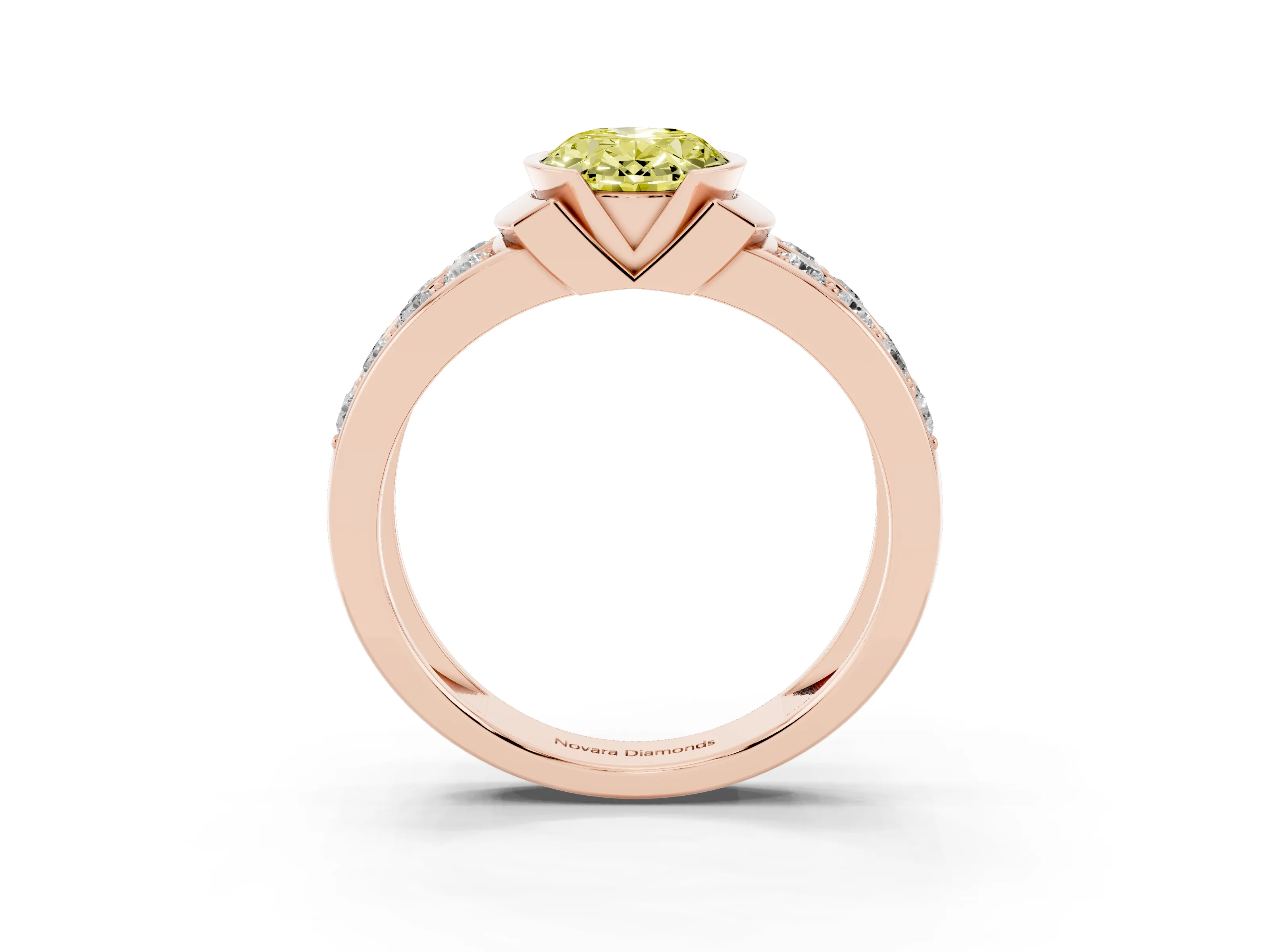 Fancy Yellow Oval Cut Diamond Wide Channel Set Band Ring Set in Rose gold with Bezel Setting