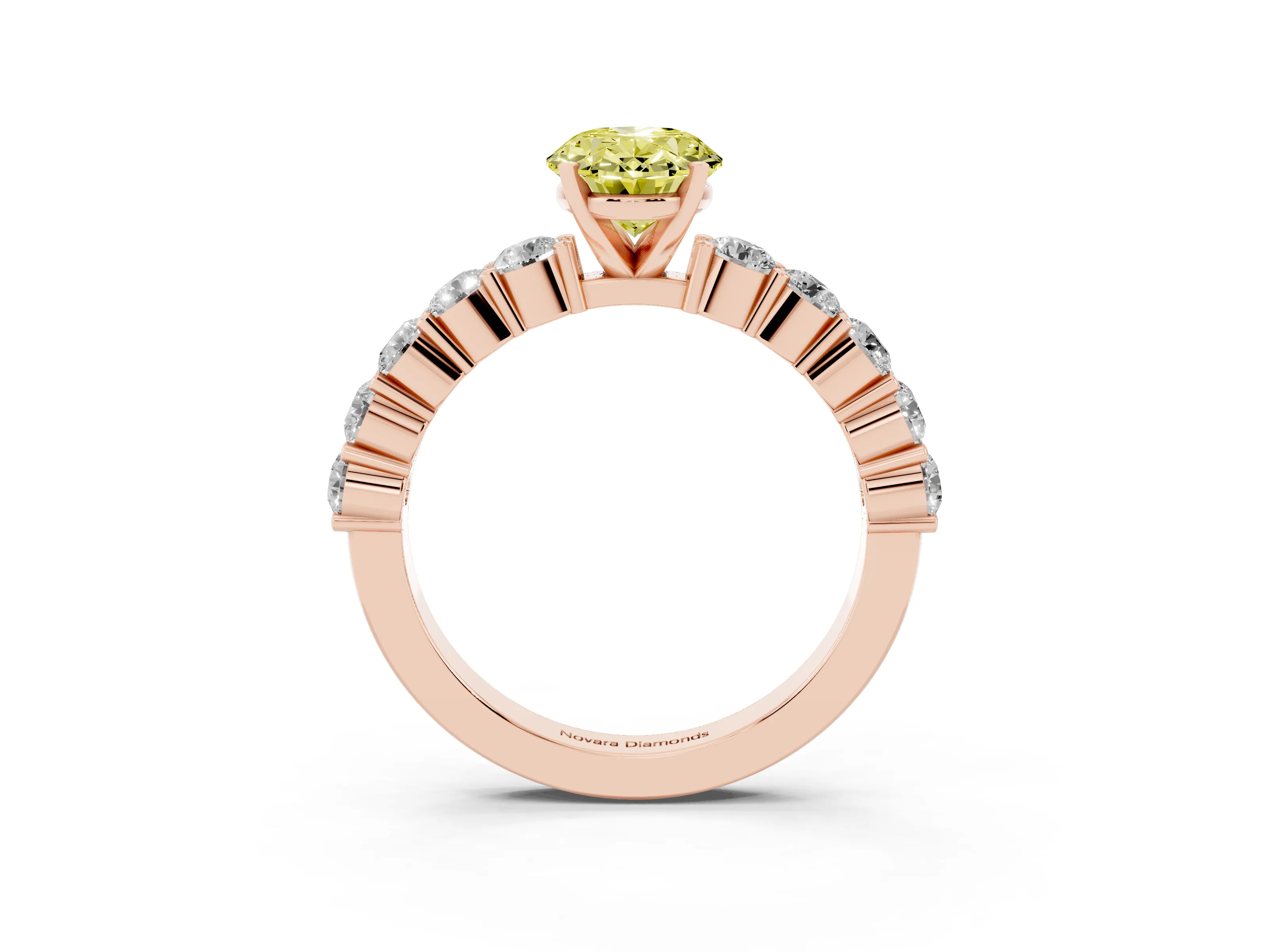 Fancy Yellow Oval Cut Diamond Solitaire Ring Set in Rose gold with Shared Prong Round Side Stones