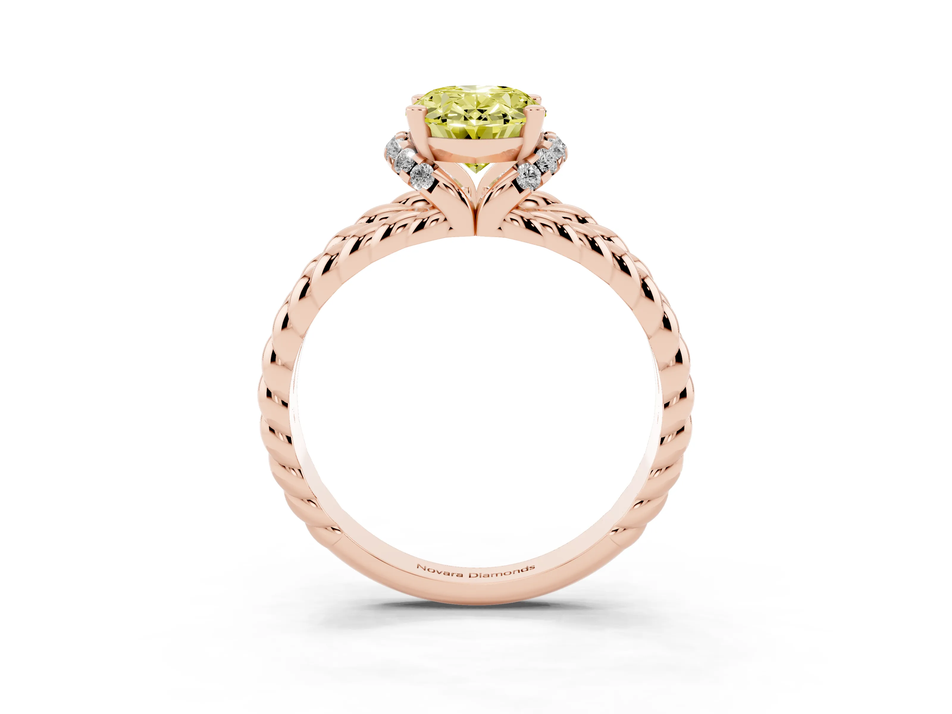 Fancy Yellow Oval Cut Diamond Halo Ring Set in Rose gold with Twisted Band and Prong Setting