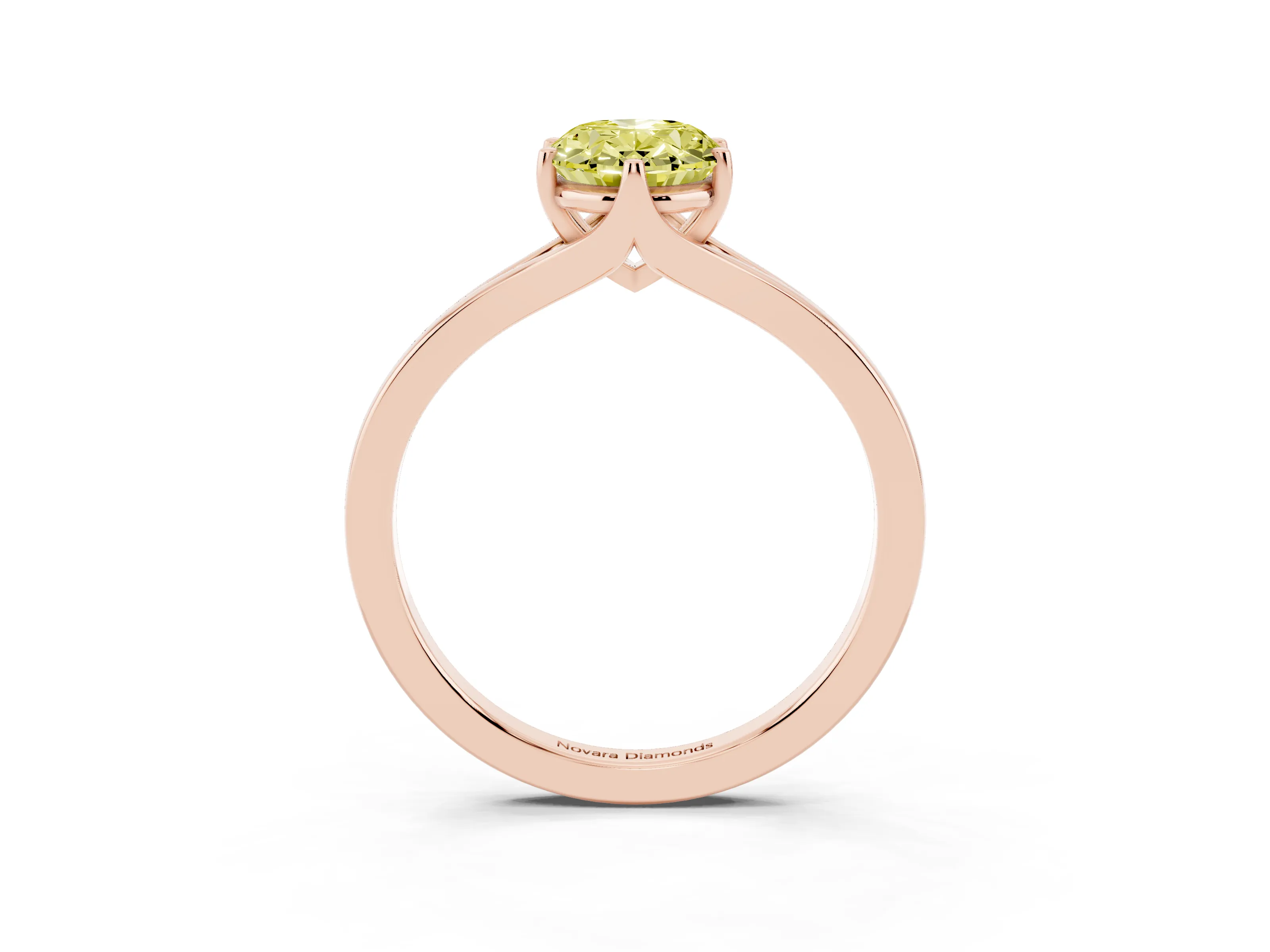 Fancy Yellow Oval Cut Diamond Solitaire Ring Set in Rose gold with Polished Tapered Band and Prong Setting