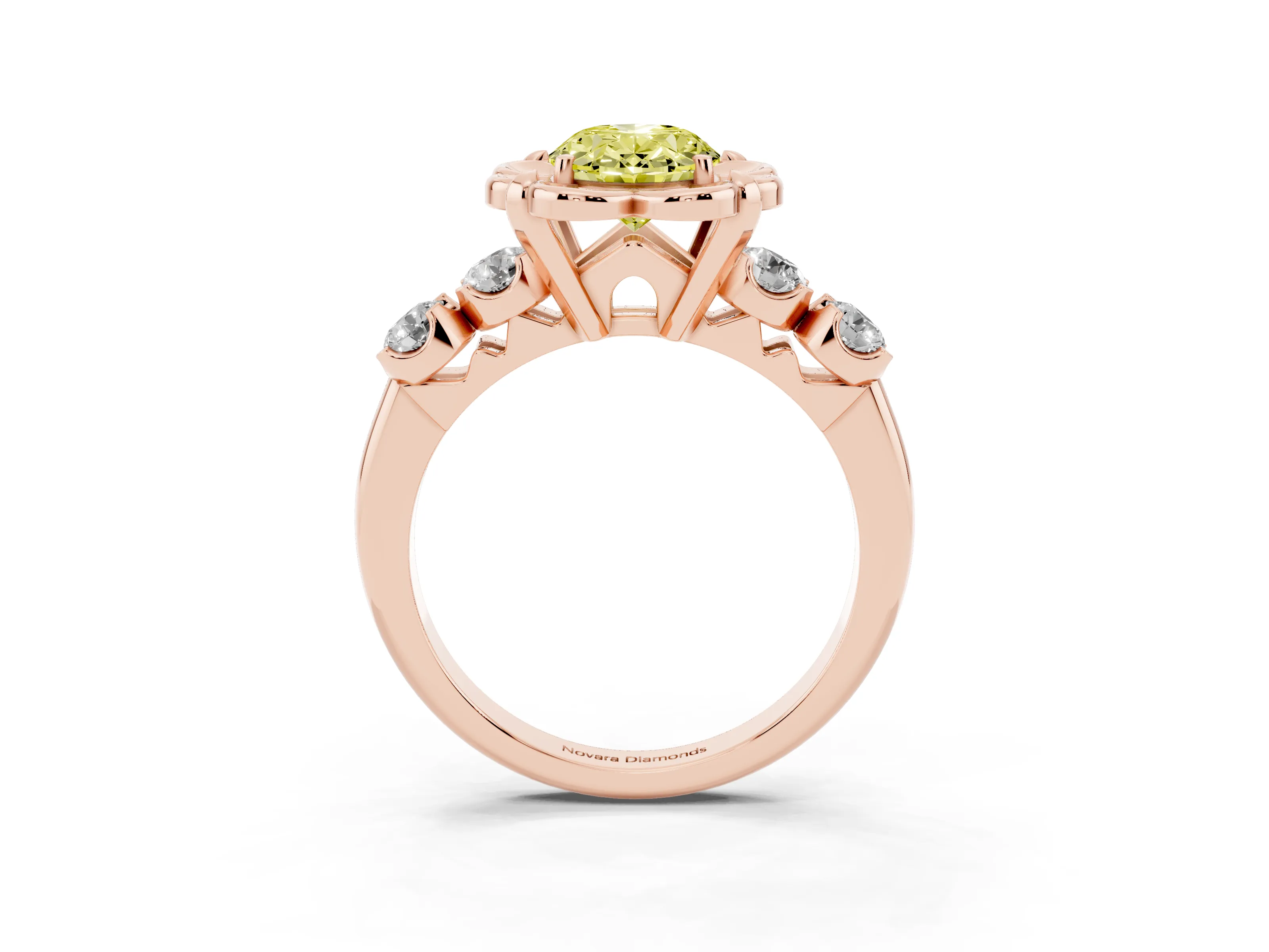 Fancy Yellow Oval Cut Diamond Floral Halo Ring Set in Rose gold with Shared Prong Band