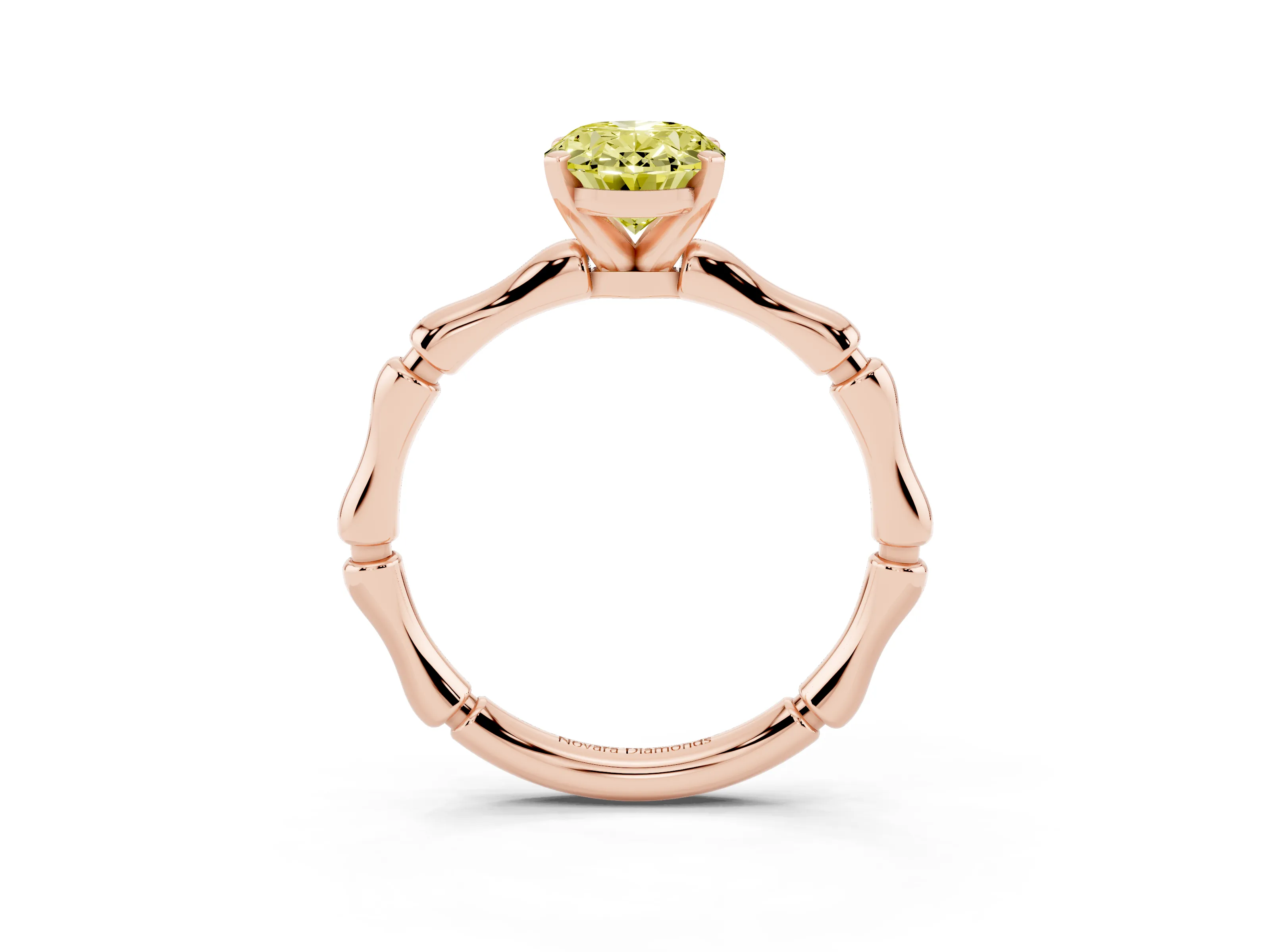 Fancy Yellow Oval Cut Diamond Solitaire Ring Set in Rose gold with Bamboo Band and Prong Setting
