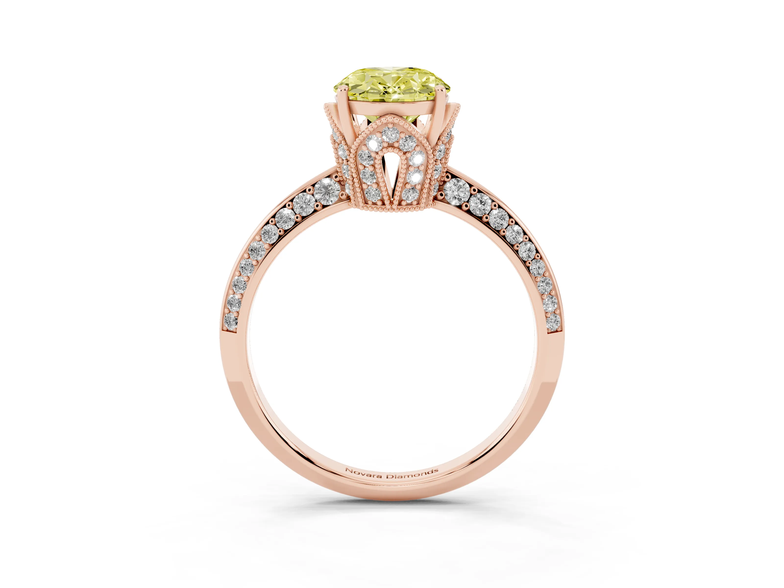 Fancy Yellow Oval Cut Diamond Solitaire Engagement Ring Set in Rose gold with Pavé Split Shank and Prong Setting