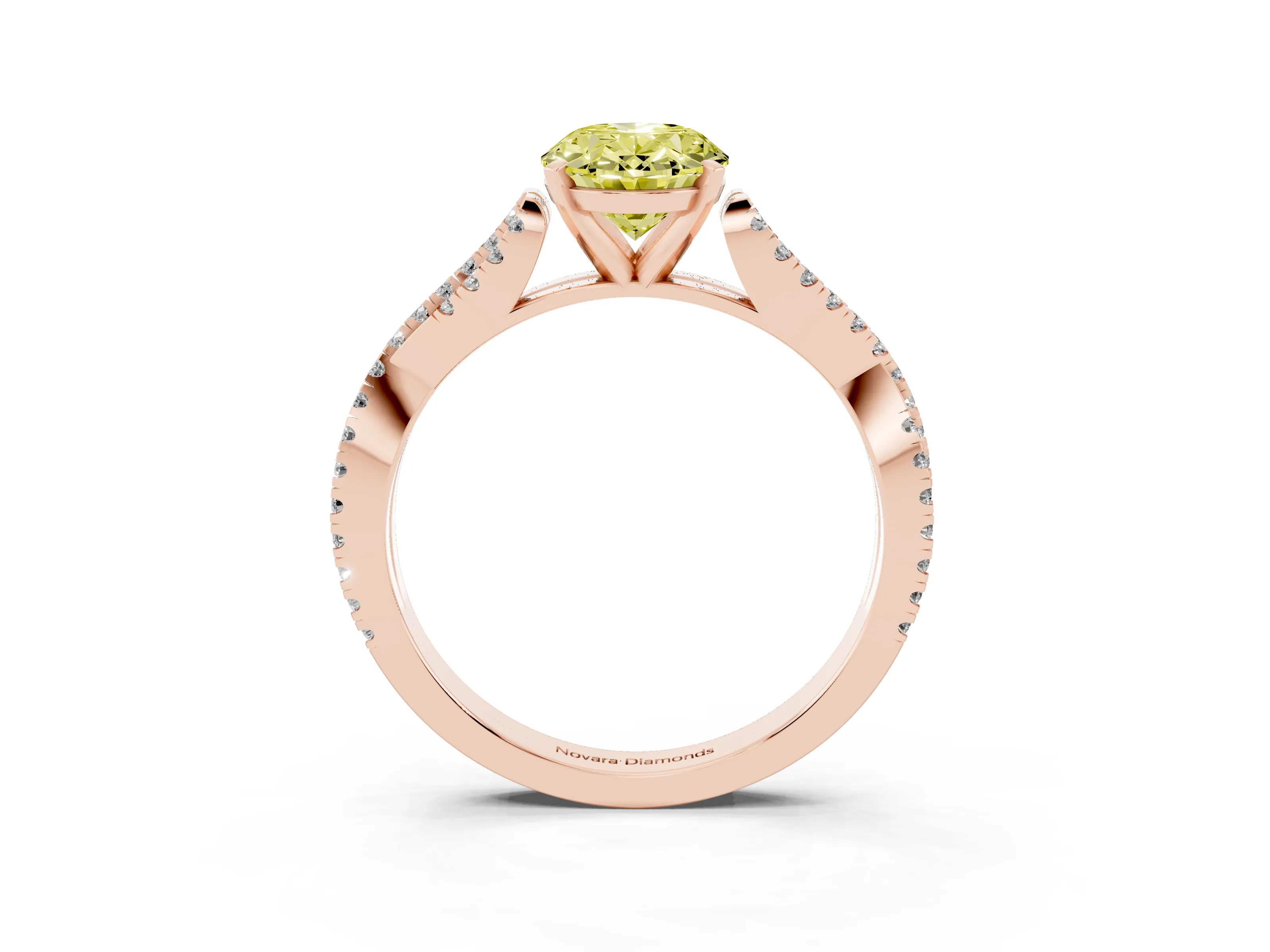 Fancy Yellow Oval Cut Diamond Solitaire Engagement Ring Set in Rose gold with Twisted Pavé Band and Prong Setting