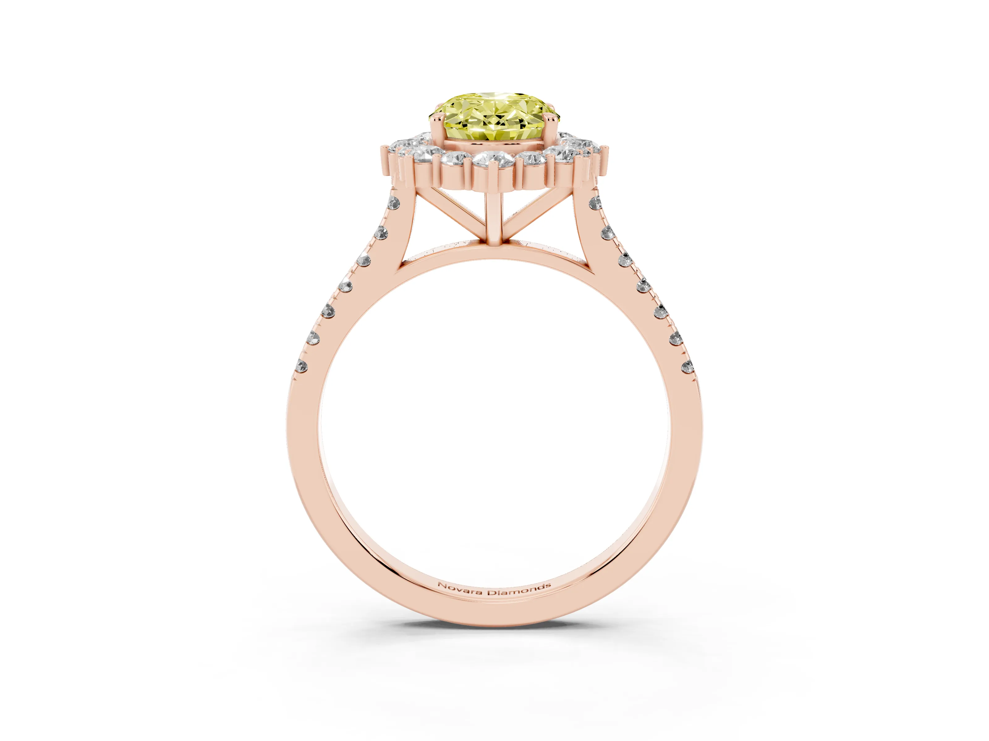 Fancy Yellow Oval Cut Diamond Halo Ring Set in Rose gold with Pavé Band and Prong Setting