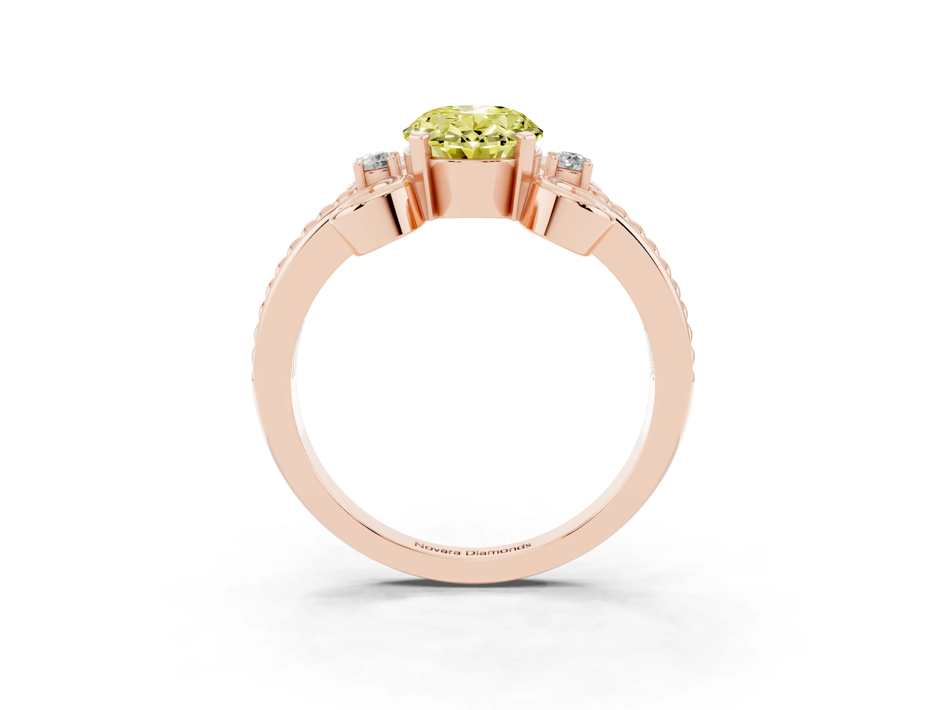 Fancy Yellow Oval Cut Diamond Twisted Band Solitaire Ring Set in Rose gold with Scroll Prongs