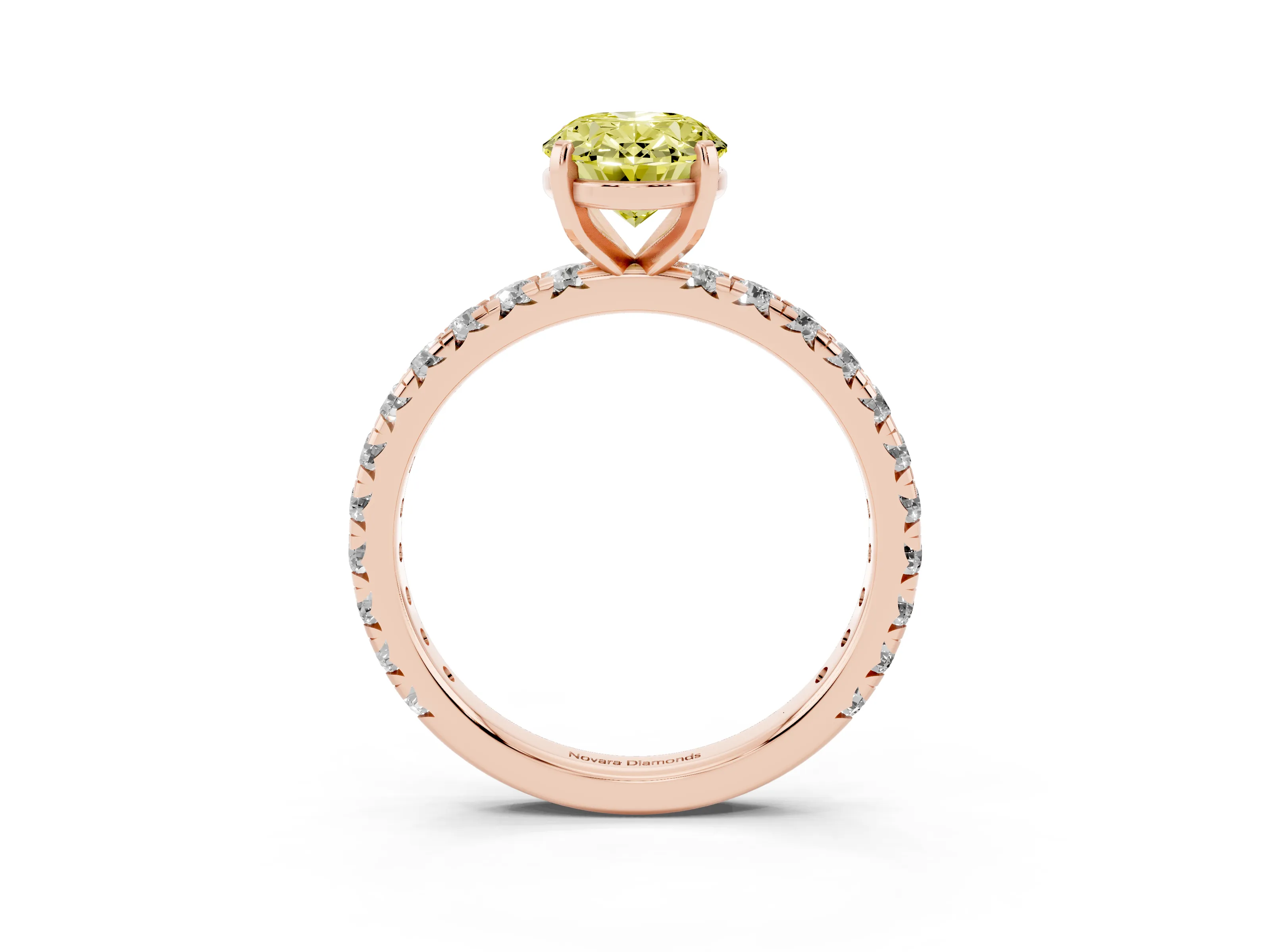 Fancy Yellow Oval Cut Diamond Pavé Solitaire Ring Set in Rose gold with Round Band and Prong Setting