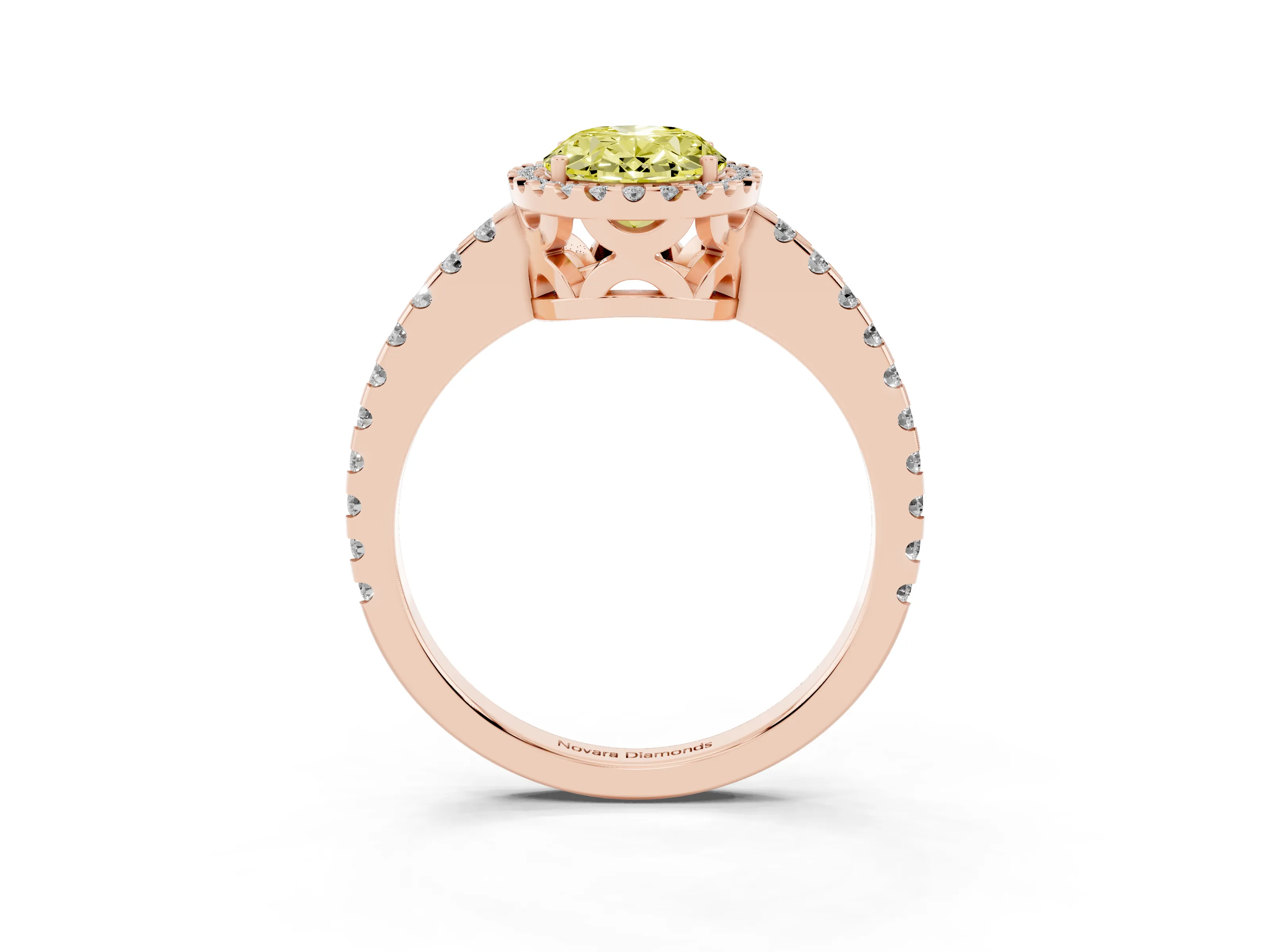 Fancy Yellow Oval Cut Diamond Halo Ring Set in Rose gold with Pavé Shoulders and Halo-Framed Center