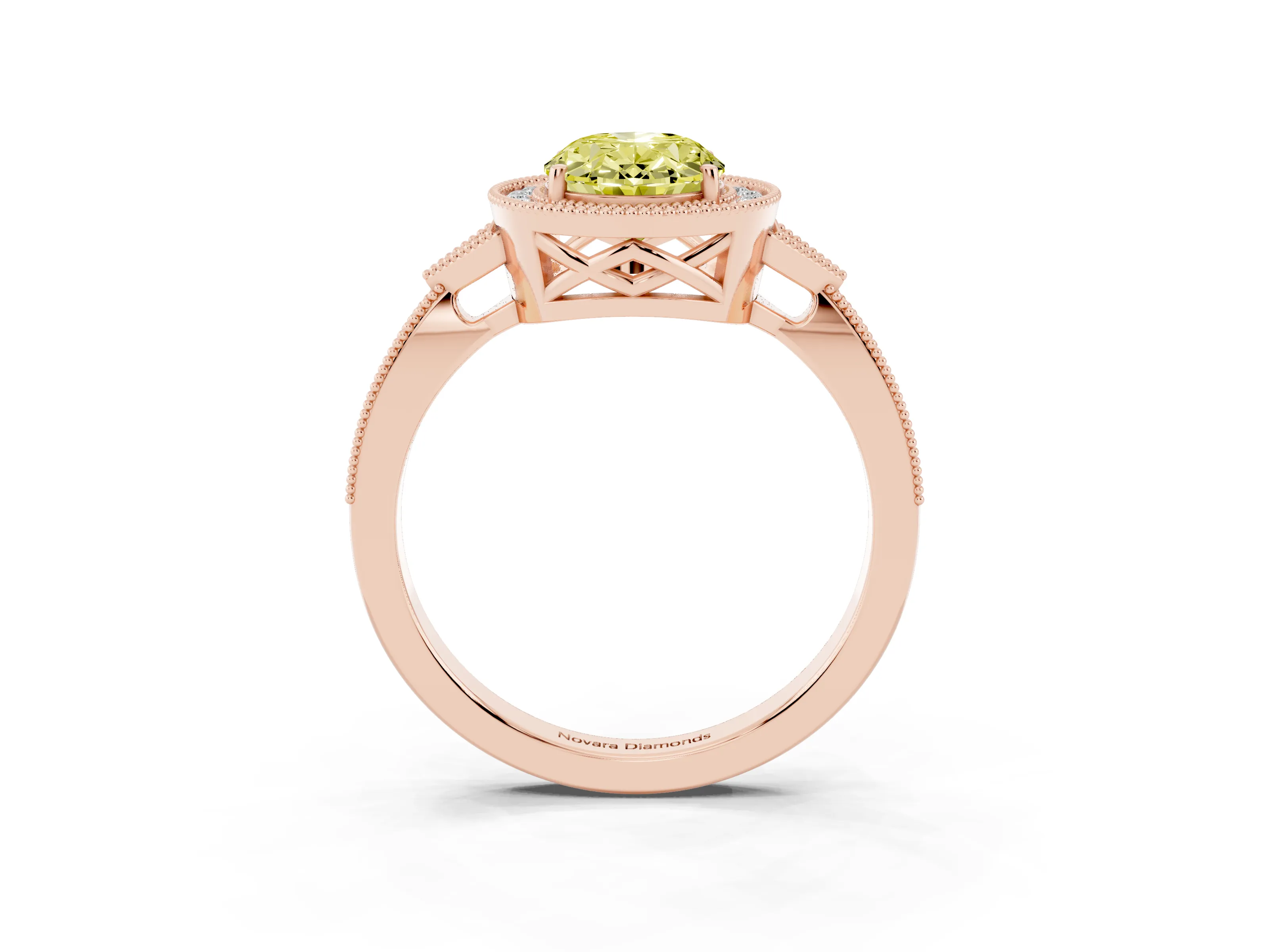 Fancy Yellow Oval Cut Diamond Halo Engagement Ring Set in Rose gold with Milgrain Pavé Band