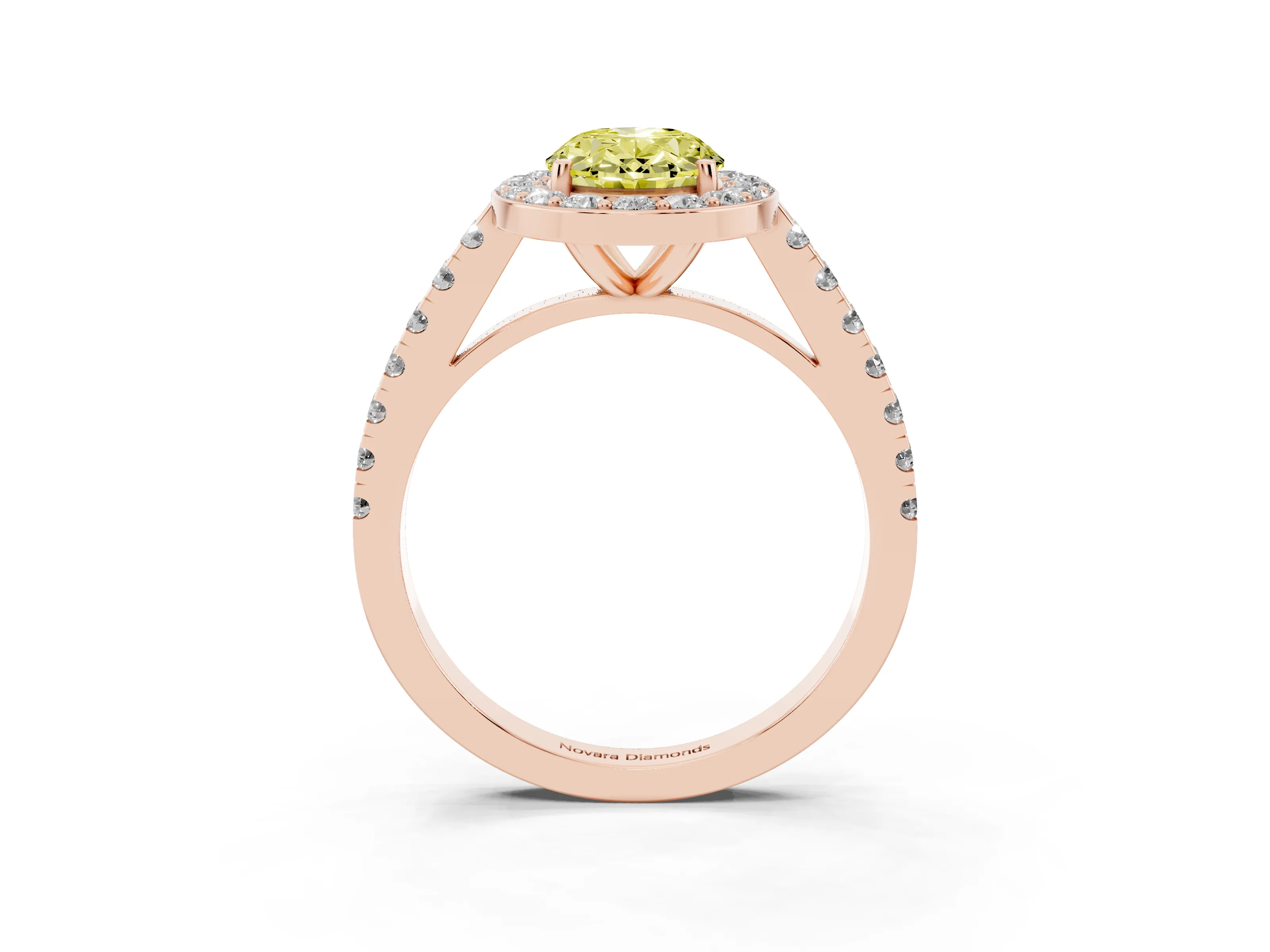 Fancy Yellow Oval Cut Diamond Halo Ring Set in Rose gold with Round Pavé Split Shank and Prong Setting