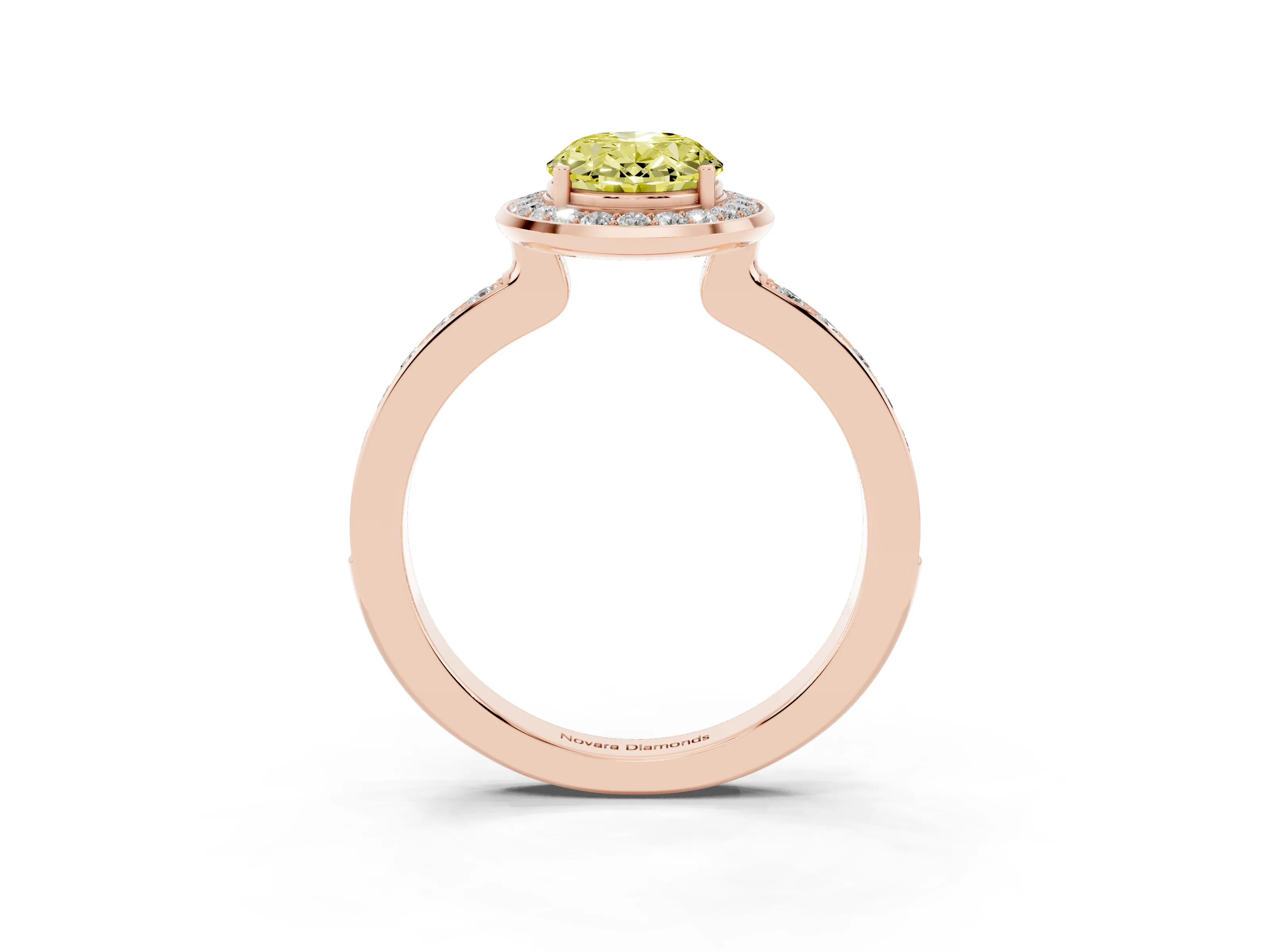 Fancy Yellow Oval Cut Diamond Halo Ring Set in Rose gold with Bezel Frame and Pavé Band