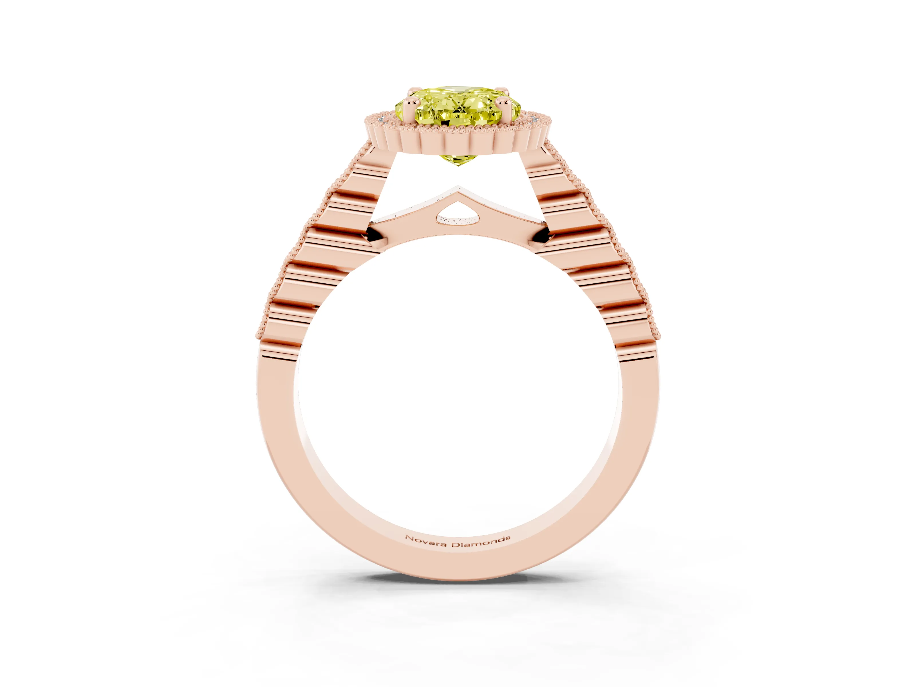 Fancy Yellow Oval Cut Diamond Halo Ring Set in Rose gold with Pavé Milgrain Band