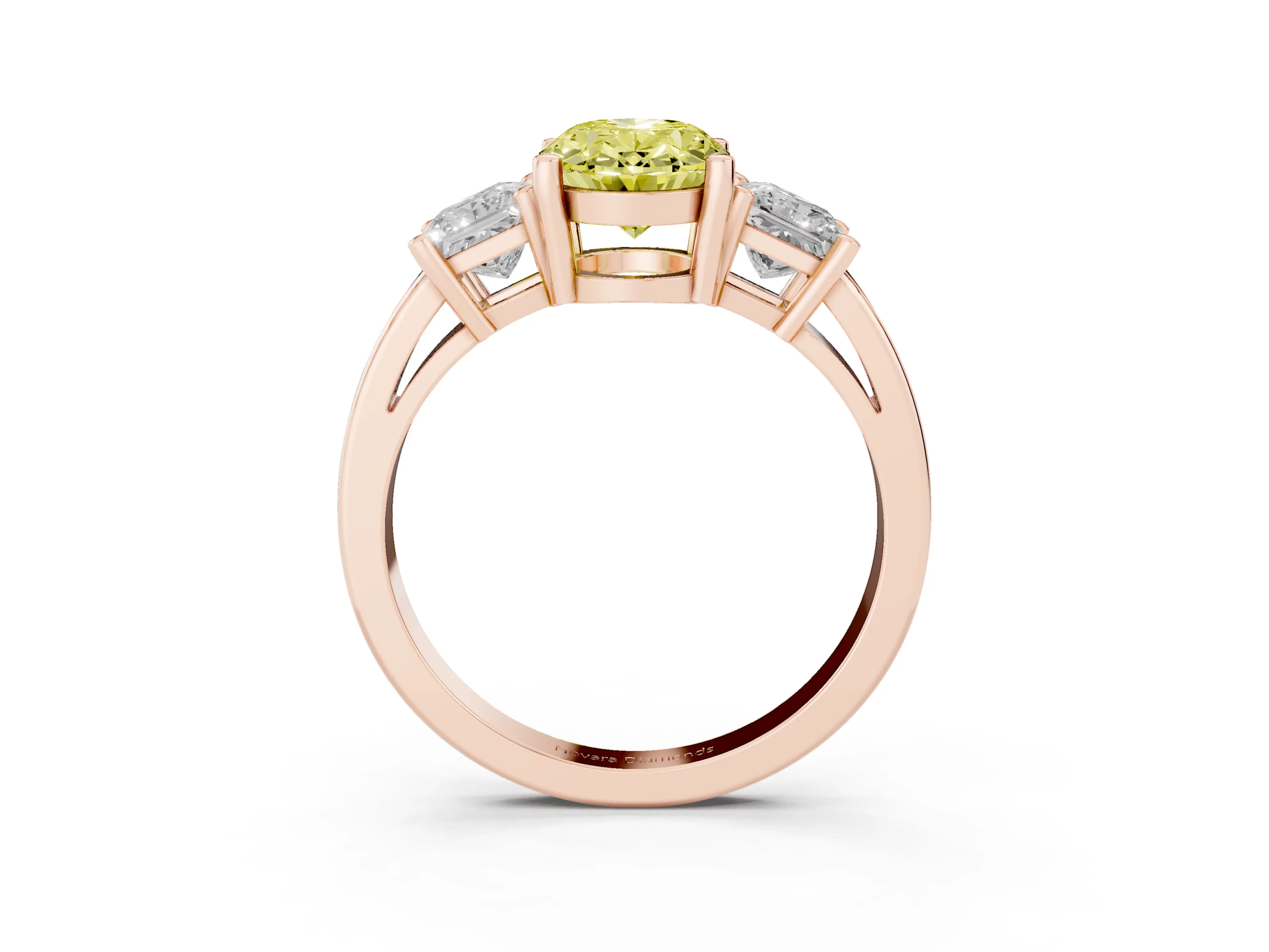 Fancy Yellow Three-Stone Oval Cut Diamond Solitaire Ring Set in Rose gold with Prong Setting