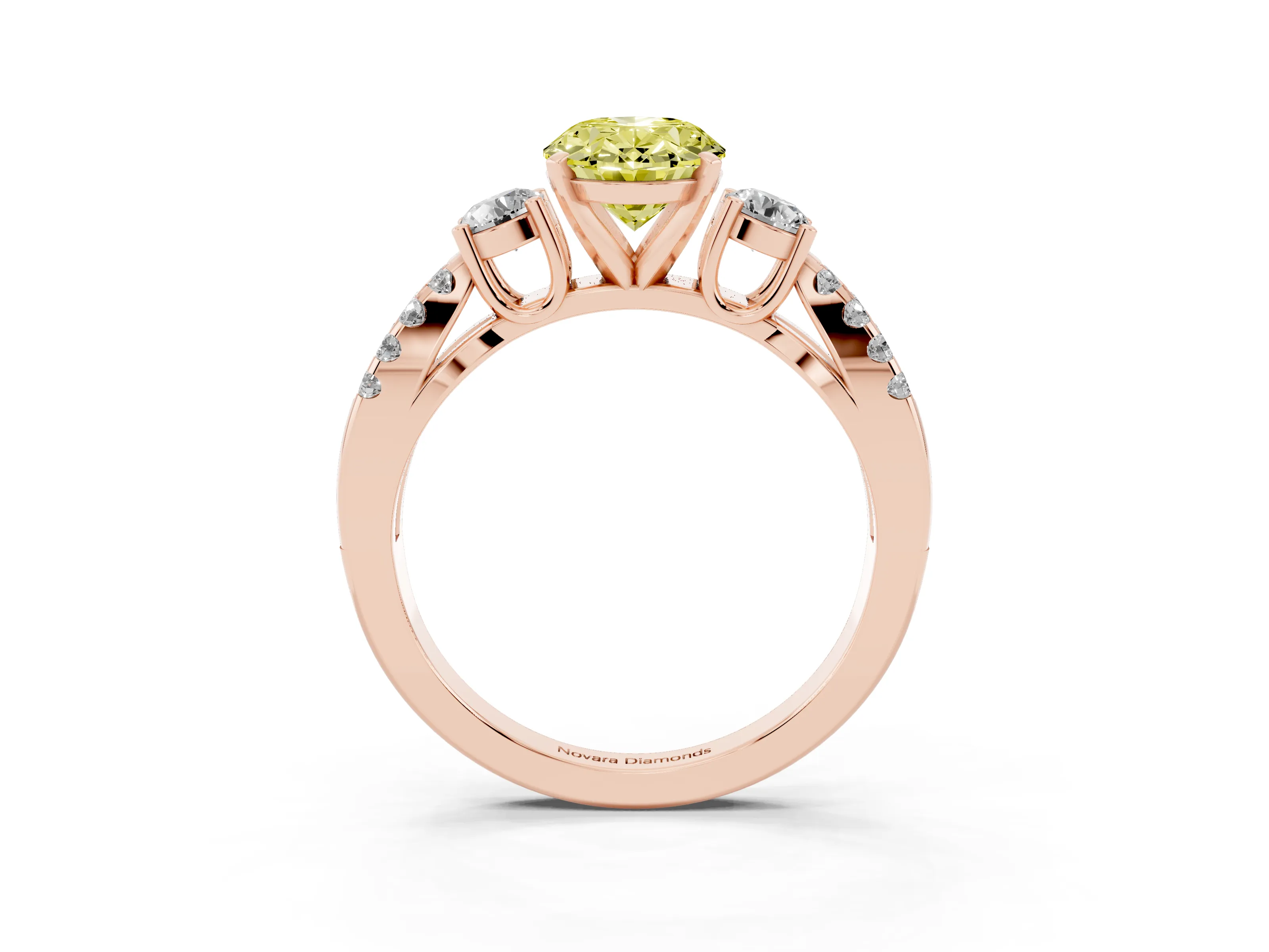 Fancy Yellow Oval Cut Diamond Three-Stone Ring Set in Rose gold with Pavé Split Shank and Prong Setting