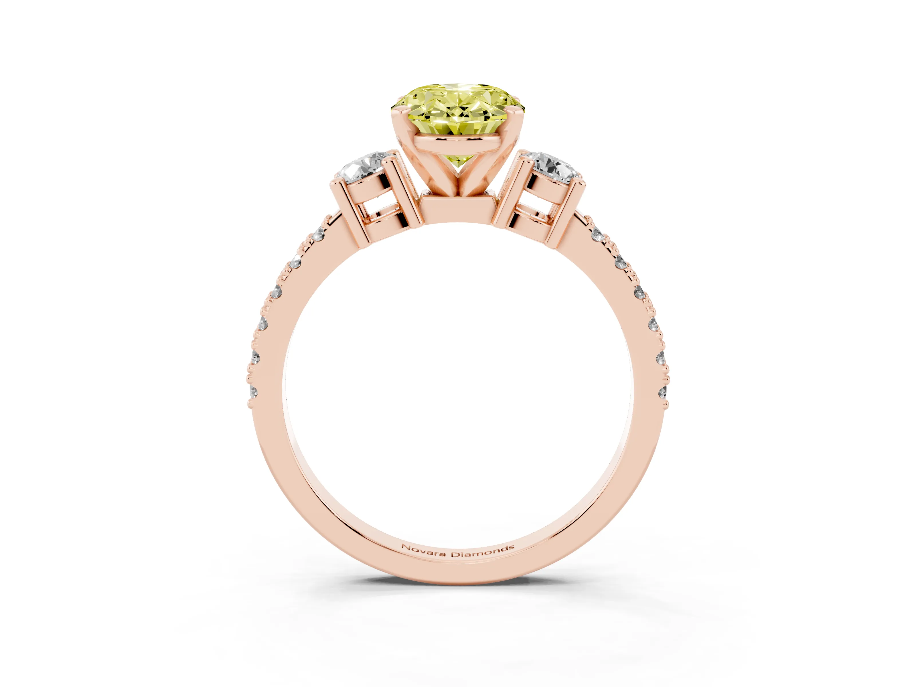 Fancy Yellow Three-Stone Oval Cut Diamond Pavé Band Ring Set in Rose gold with Prong Setting