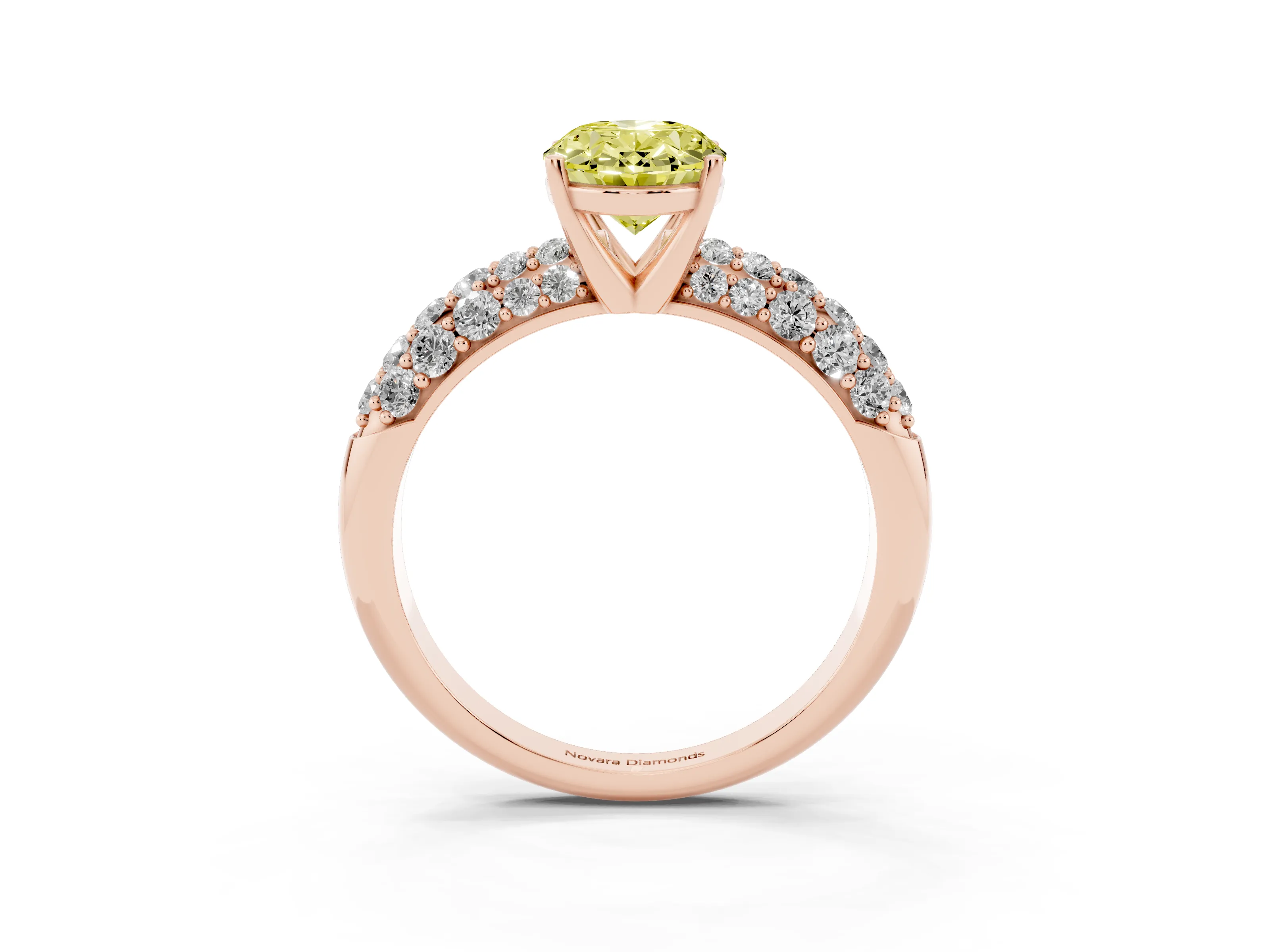 Fancy Yellow Oval Cut Diamond Pavé Band Solitaire Ring Set in Rose gold with Close-Set Accent Stones and Prong Setting
