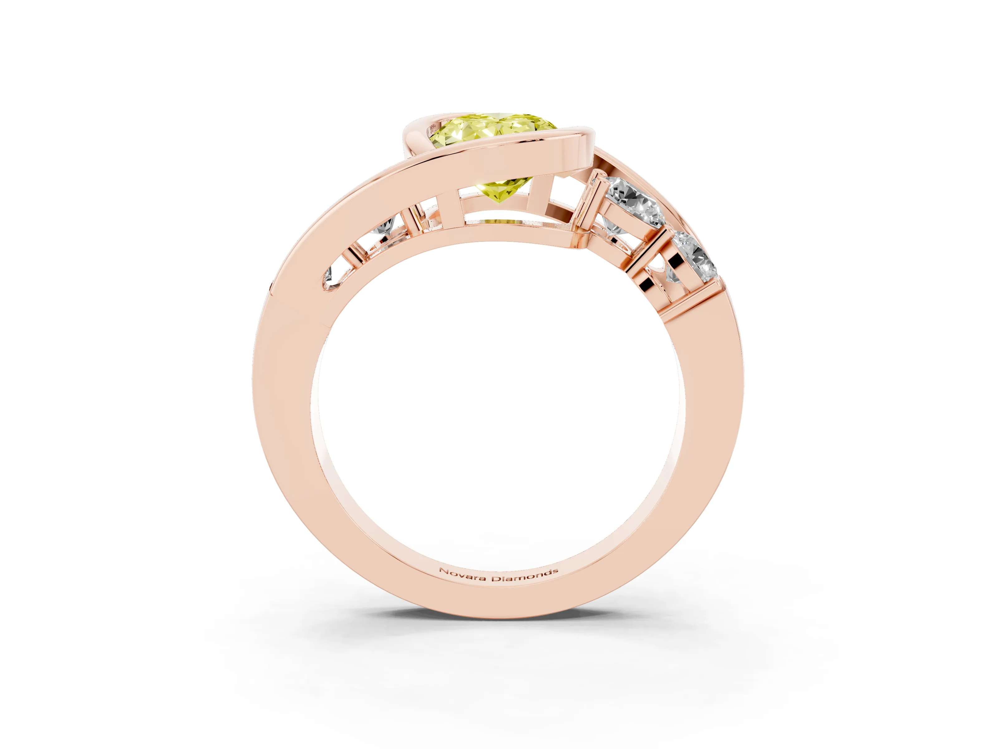 Fancy Yellow Oval Cut Diamond Bezel Bypass Ring Set in Rose gold with Round Accents