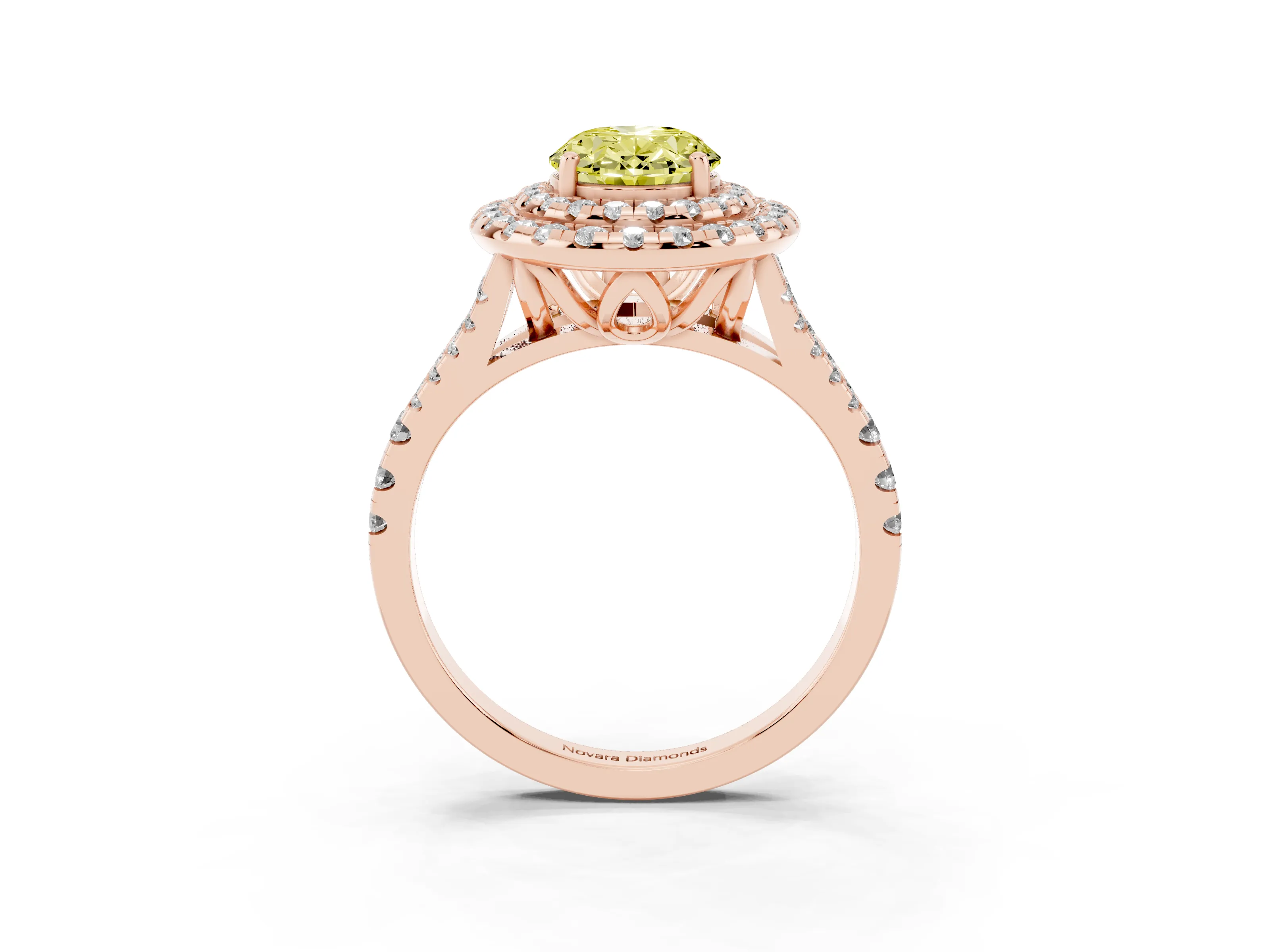 Fancy Yellow Oval Cut Diamond Double Halo Ring Set in Rose gold with Pavé Split Shank and Prong Setting
