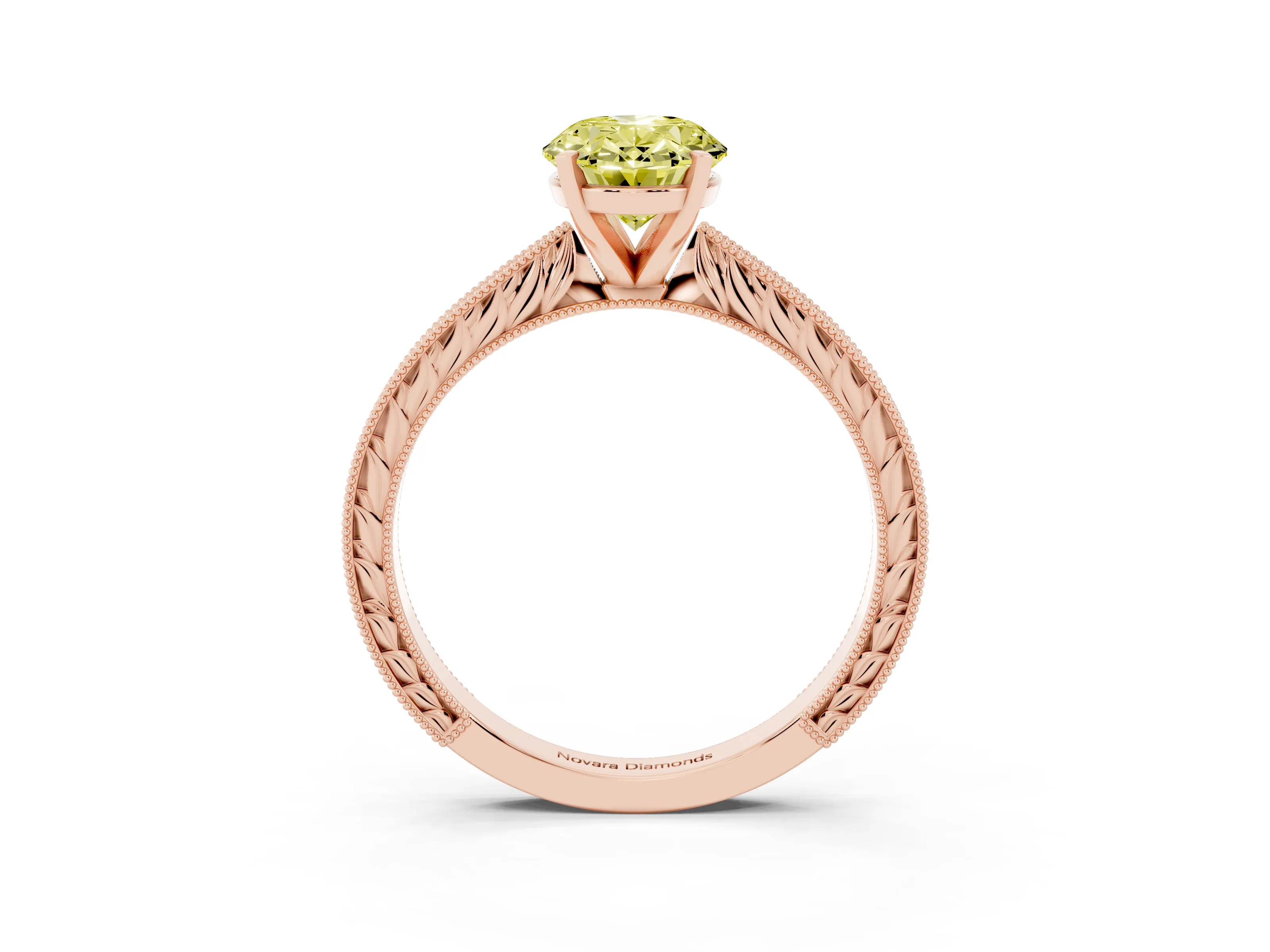 Fancy Yellow Oval Cut Diamond Solitaire Milgrain Engraved Band Set in Rose gold with Prong Setting