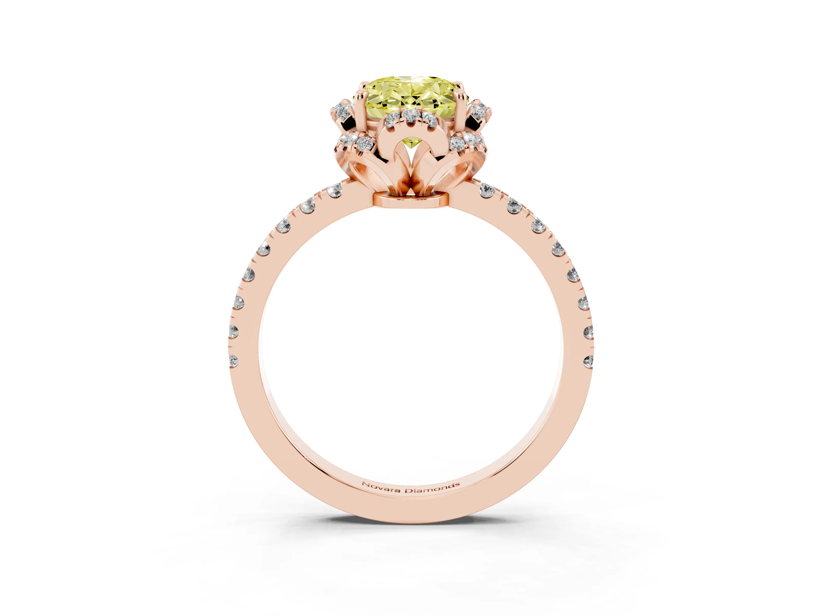 Fancy Yellow Oval Cut Diamond Halo Pavé Band Ring Set in Rose gold with Prong-Held Center