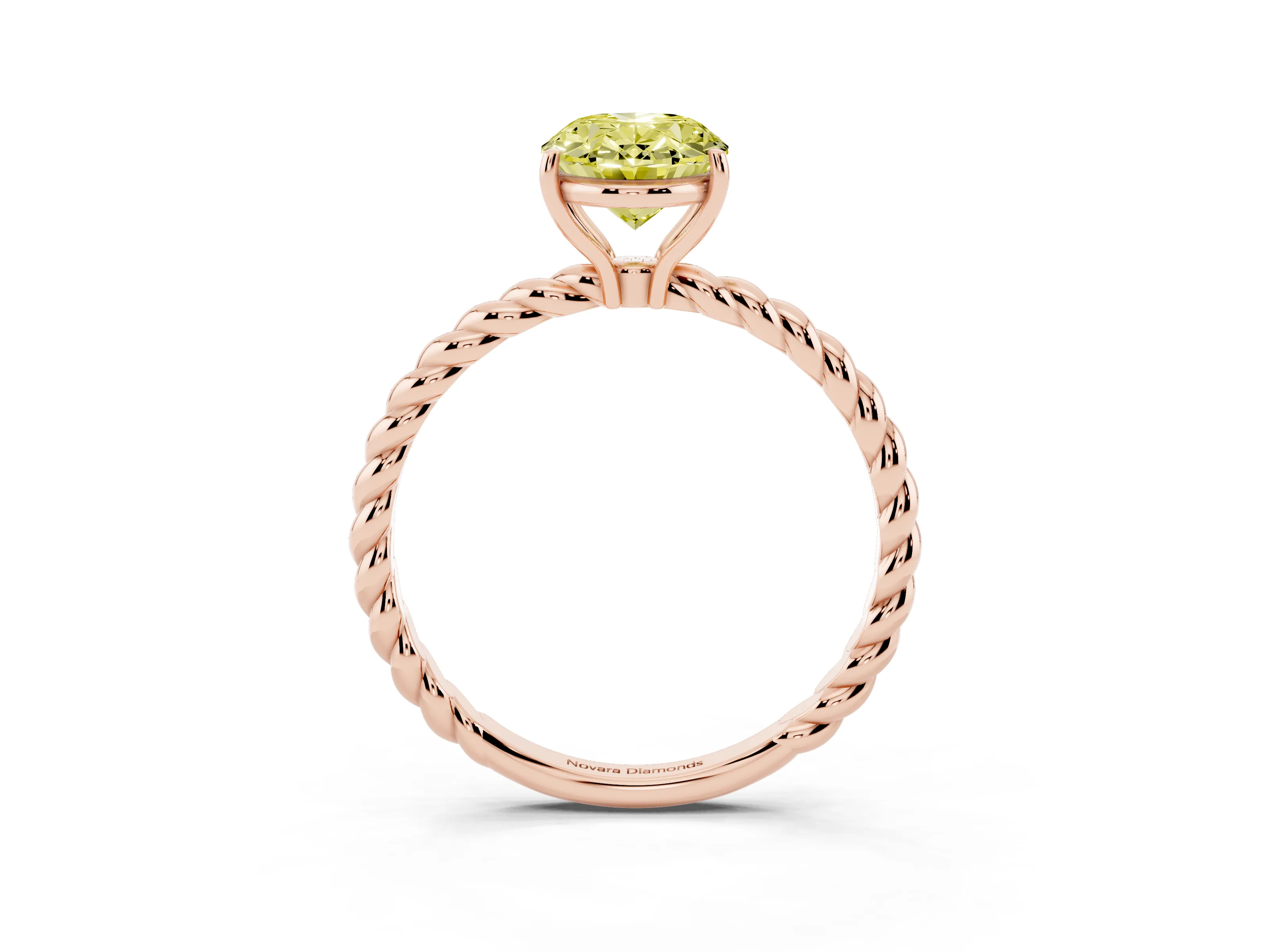 Fancy Yellow Oval Cut Diamond Solitaire Ring Set in Rose gold with Twist Band and Prong Setting