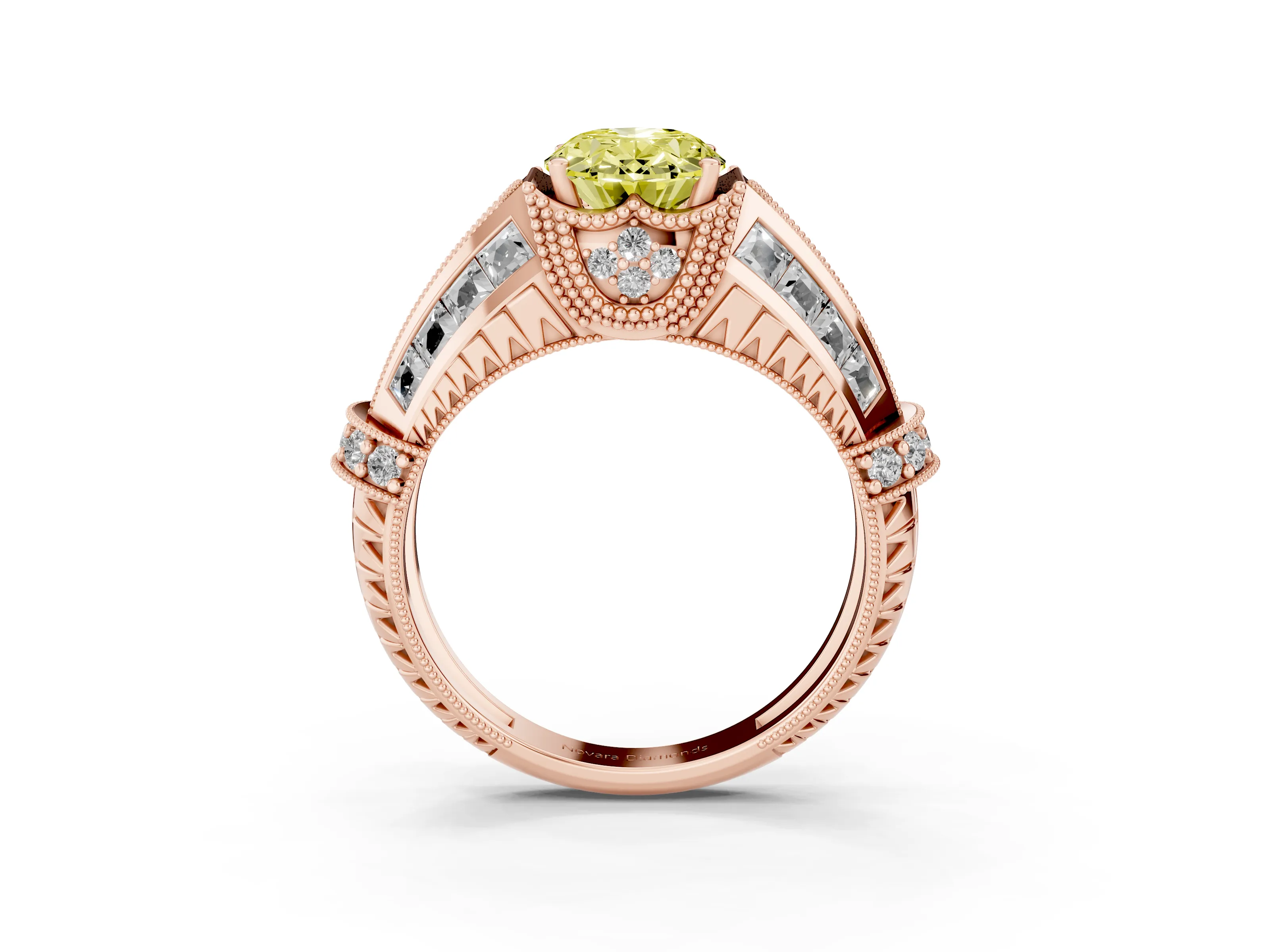 Fancy Yellow Oval Cut Diamond Vintage-Inspired Milgrain Ring Set in Rose gold with Accent Split Shank