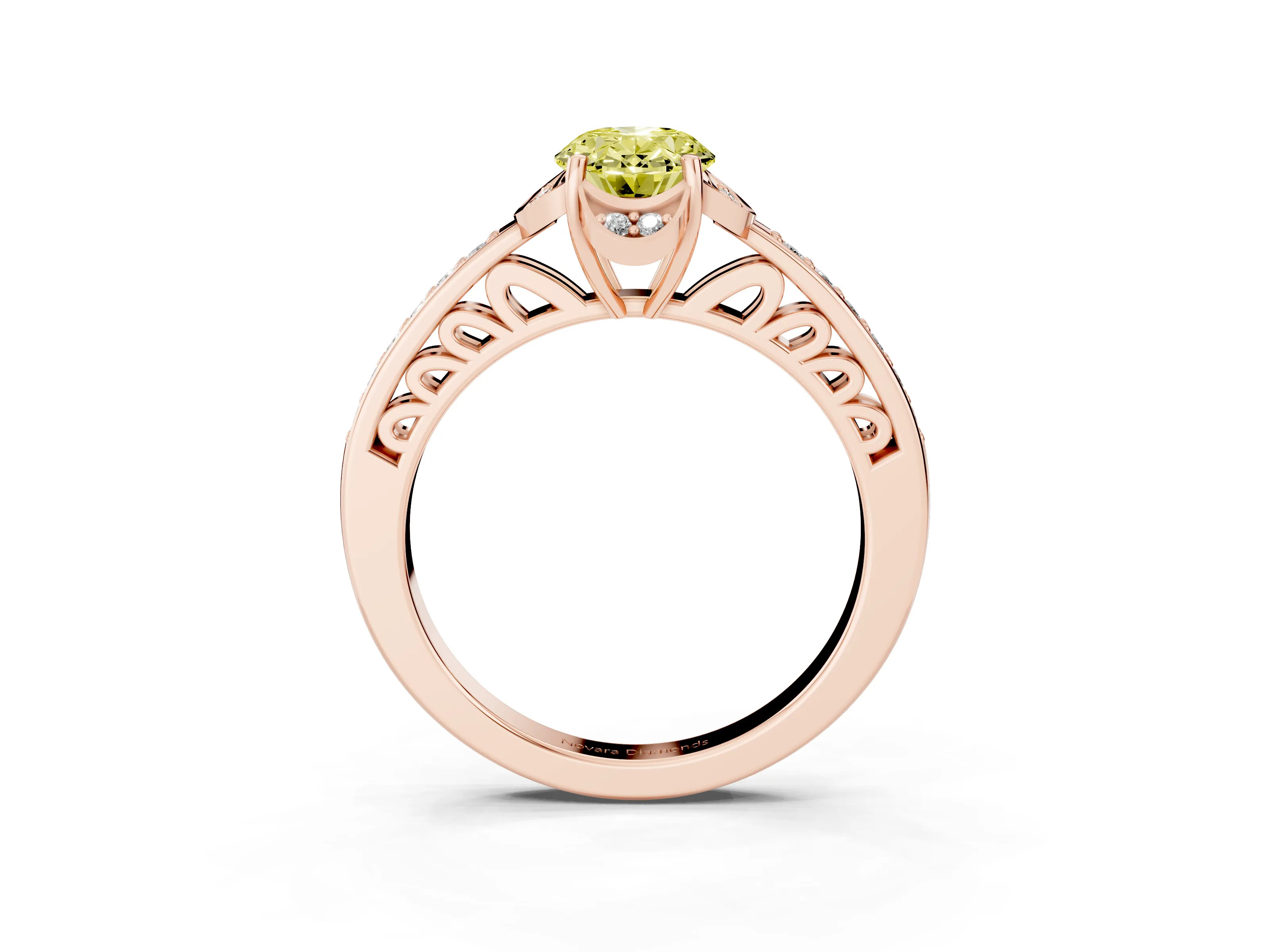 Fancy Yellow Oval Cut Diamond Halo Ring Set in Rose gold with Channel Set Band and Prong Setting