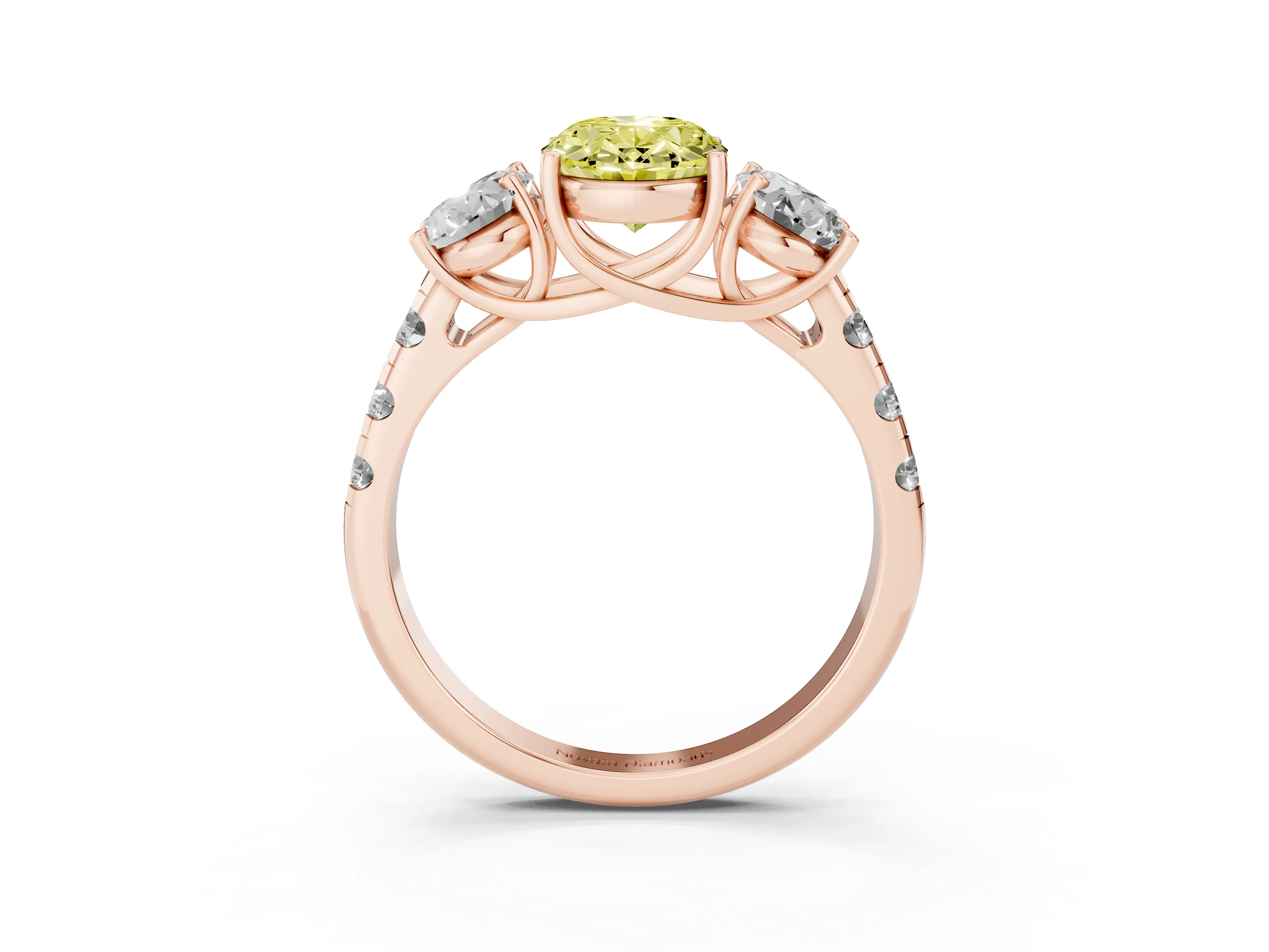 Fancy Yellow Oval Cut Diamond Three-Stone Ring Set in Rose gold with Pavé Band