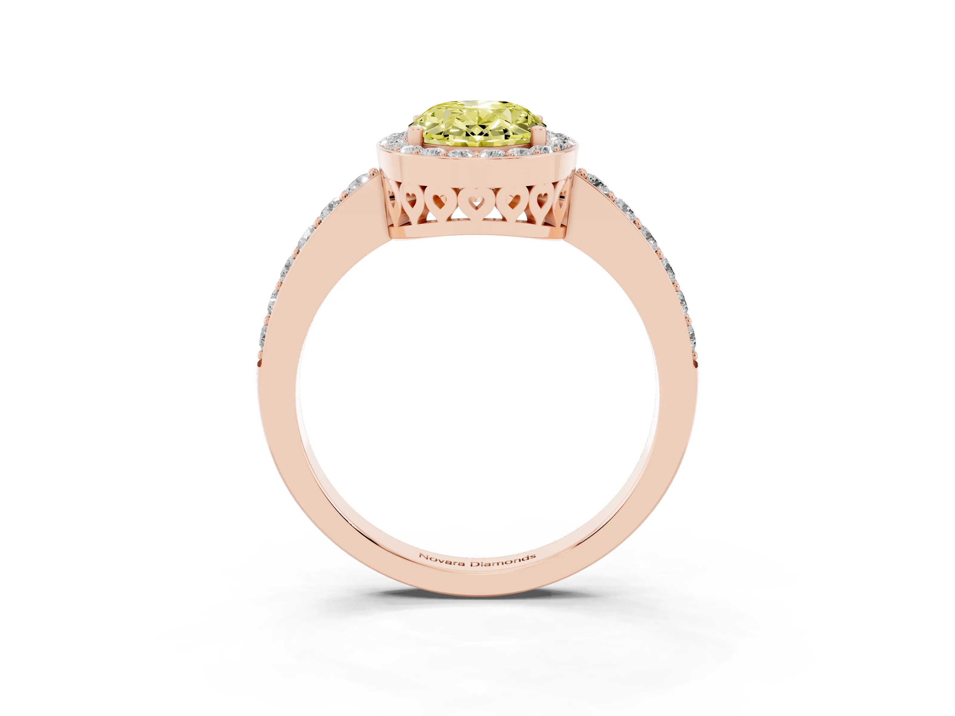 Fancy Yellow Oval Cut Diamond Halo Ring Set in Rose gold with Pavé-Setting Band and Open Prong Center