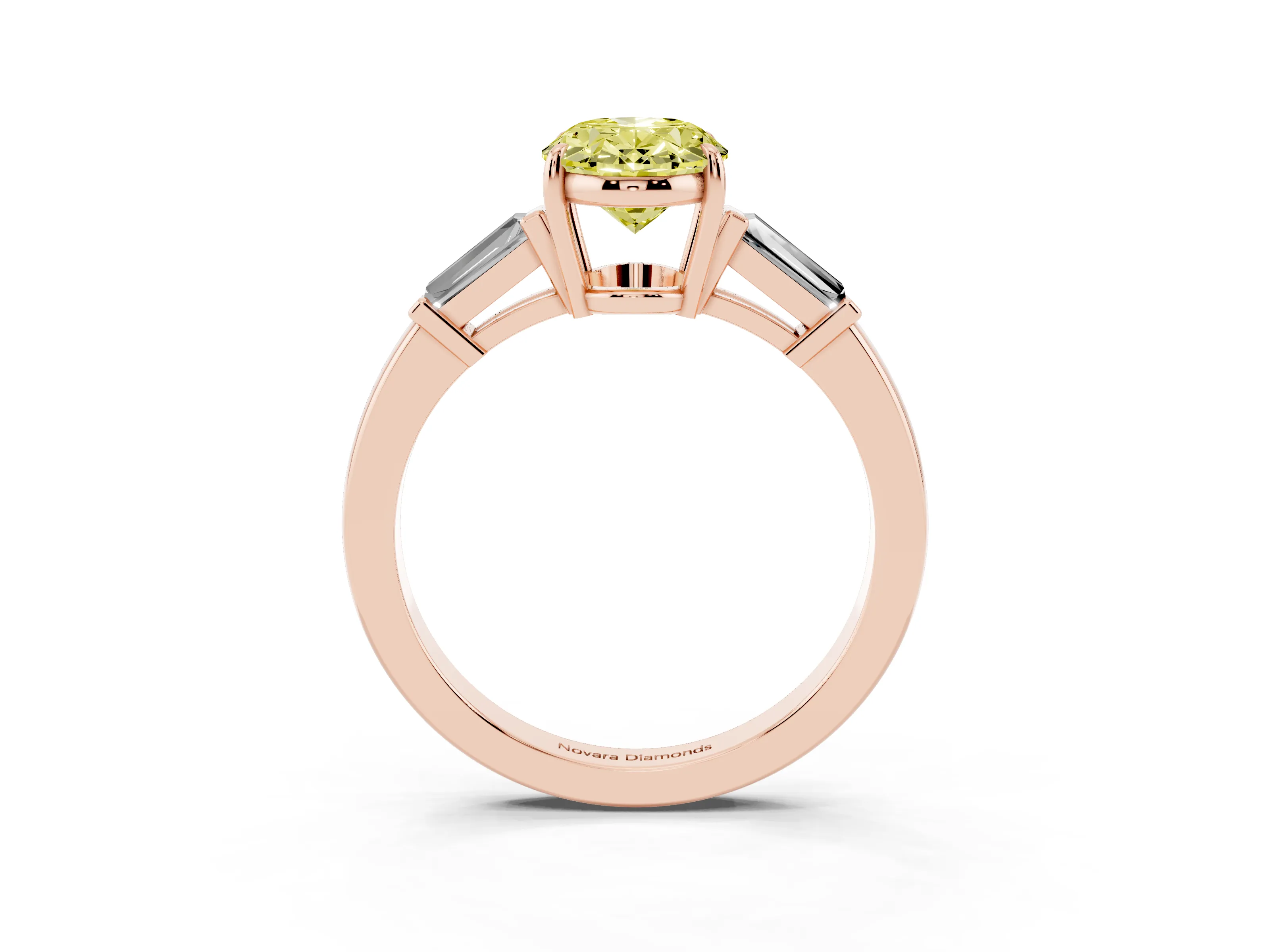 Fancy Yellow Oval Cut Diamond Three-Stone Ring Set in Rose gold with Tapered Baguette Side Stones and Prong Setting
