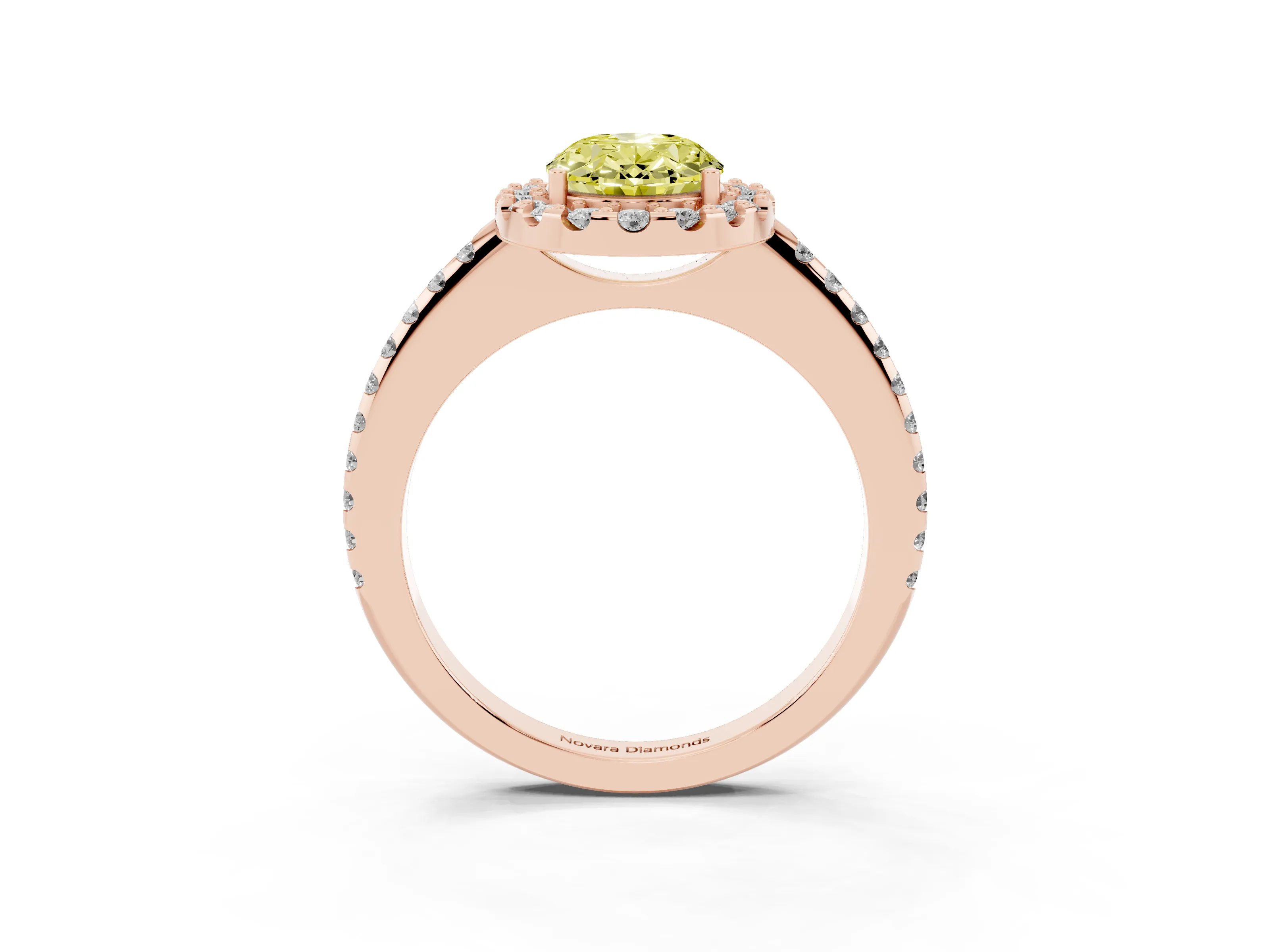 Fancy Yellow Oval Cut Diamond Pavé Halo Ring Set in Rose gold with Prong Setting