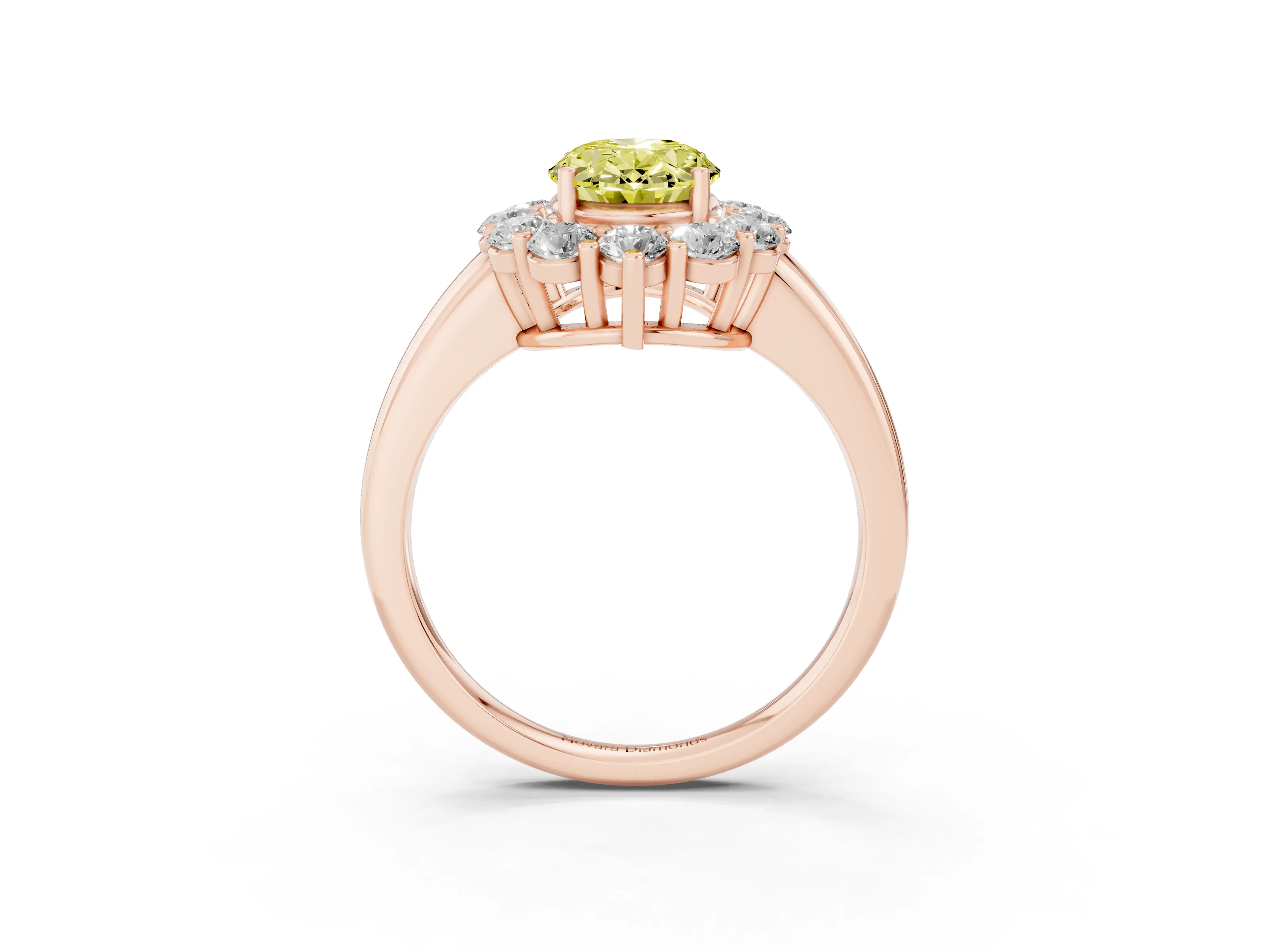 Fancy Yellow Oval Cut Diamond Halo Cluster Engagement Ring Set in Rose gold with Polished Band and Prong Setting