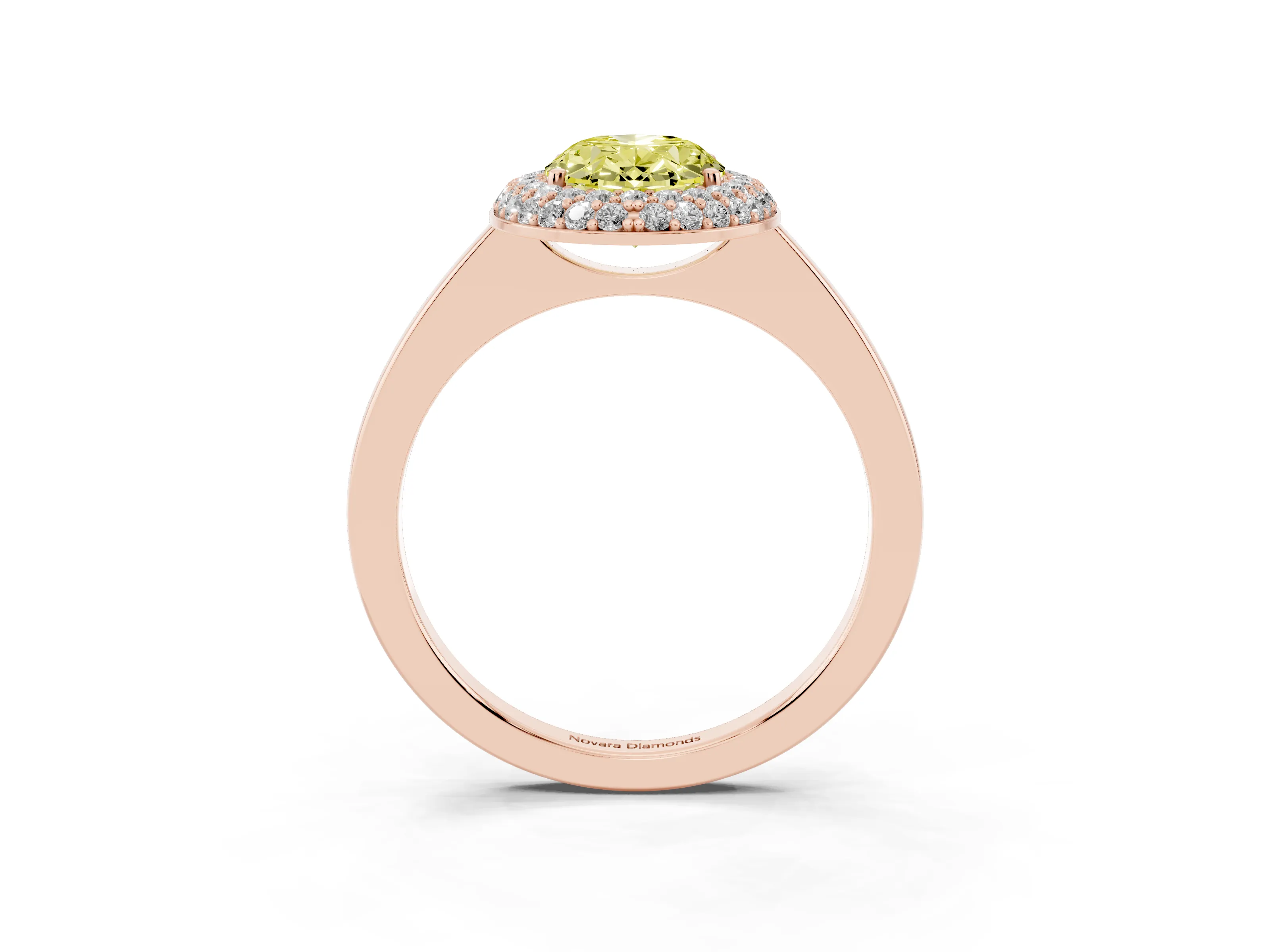 Fancy Yellow Oval Cut Diamond Halo Engagement Ring Set in Rose gold with Solitaire Band and Prong Setting