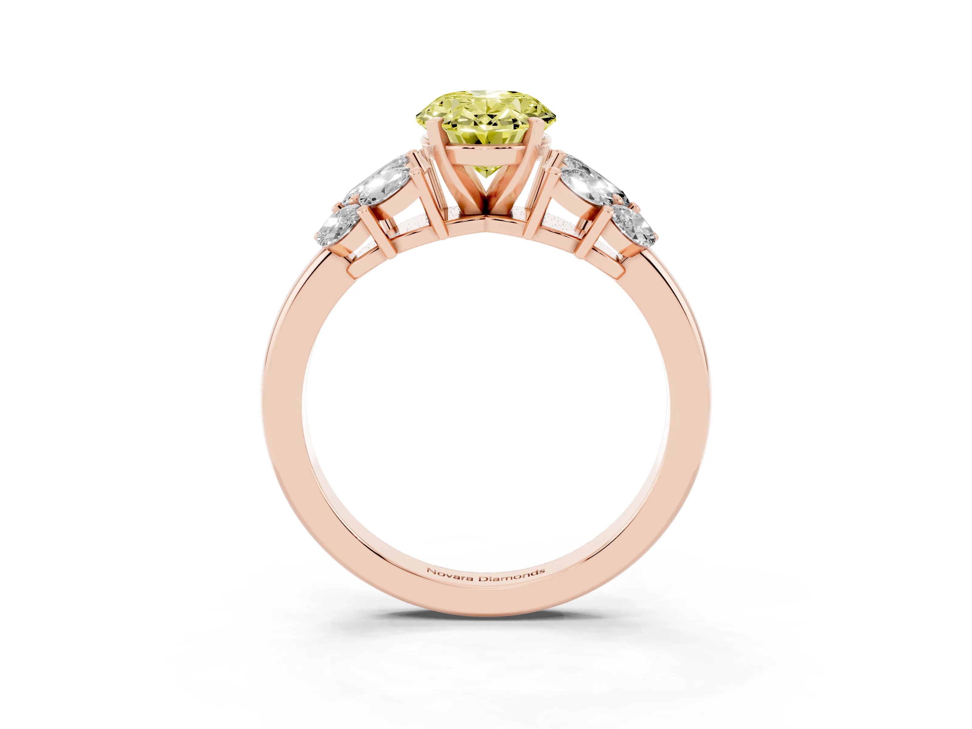 Fancy Yellow Oval Cut Diamond Cluster Leaf Design Ring Set in Rose gold with Prong Setting
