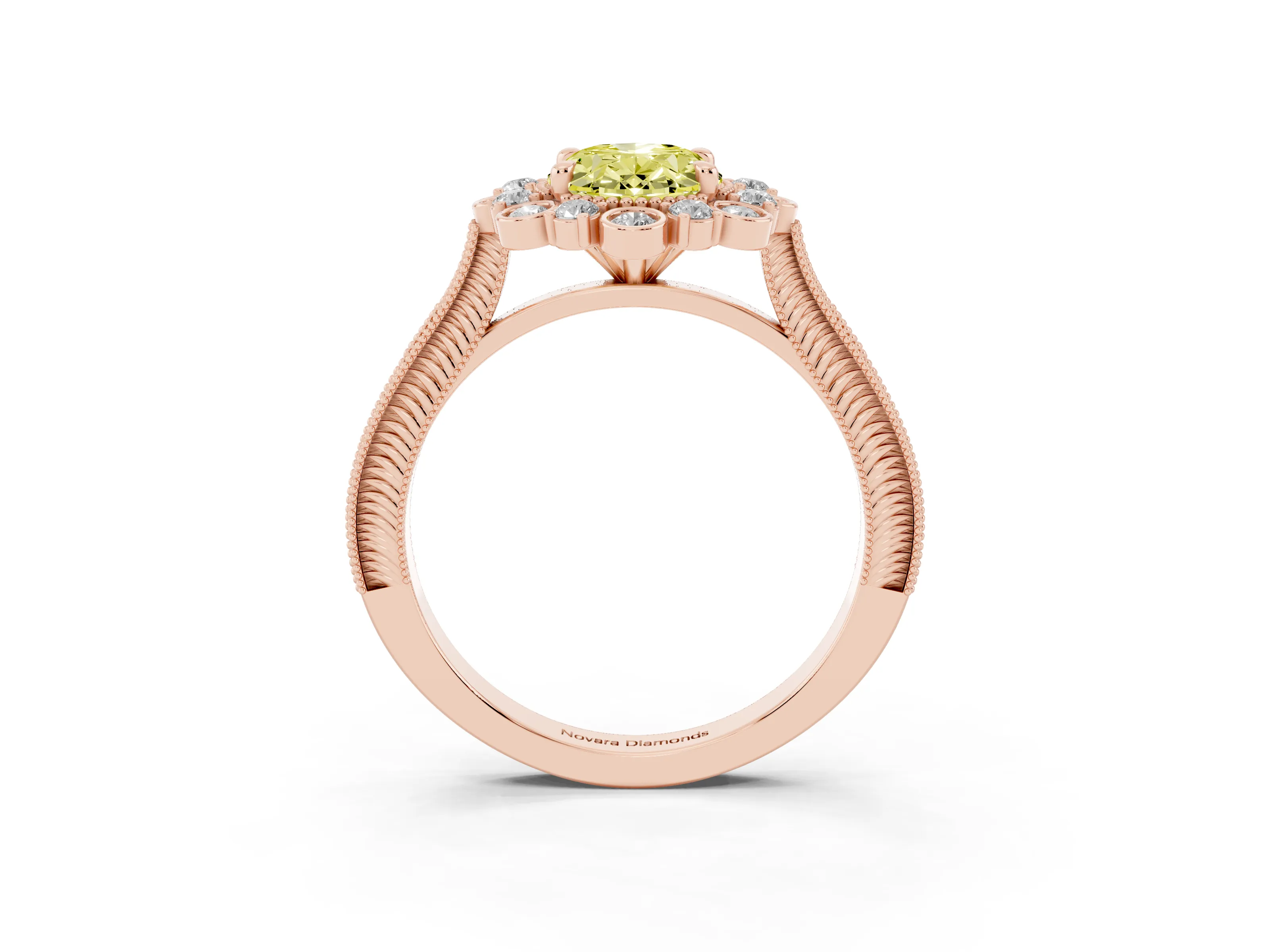 Fancy Yellow Oval Cut Diamond Halo Milgrain Pavé Ring Set in Rose gold with Prong Setting