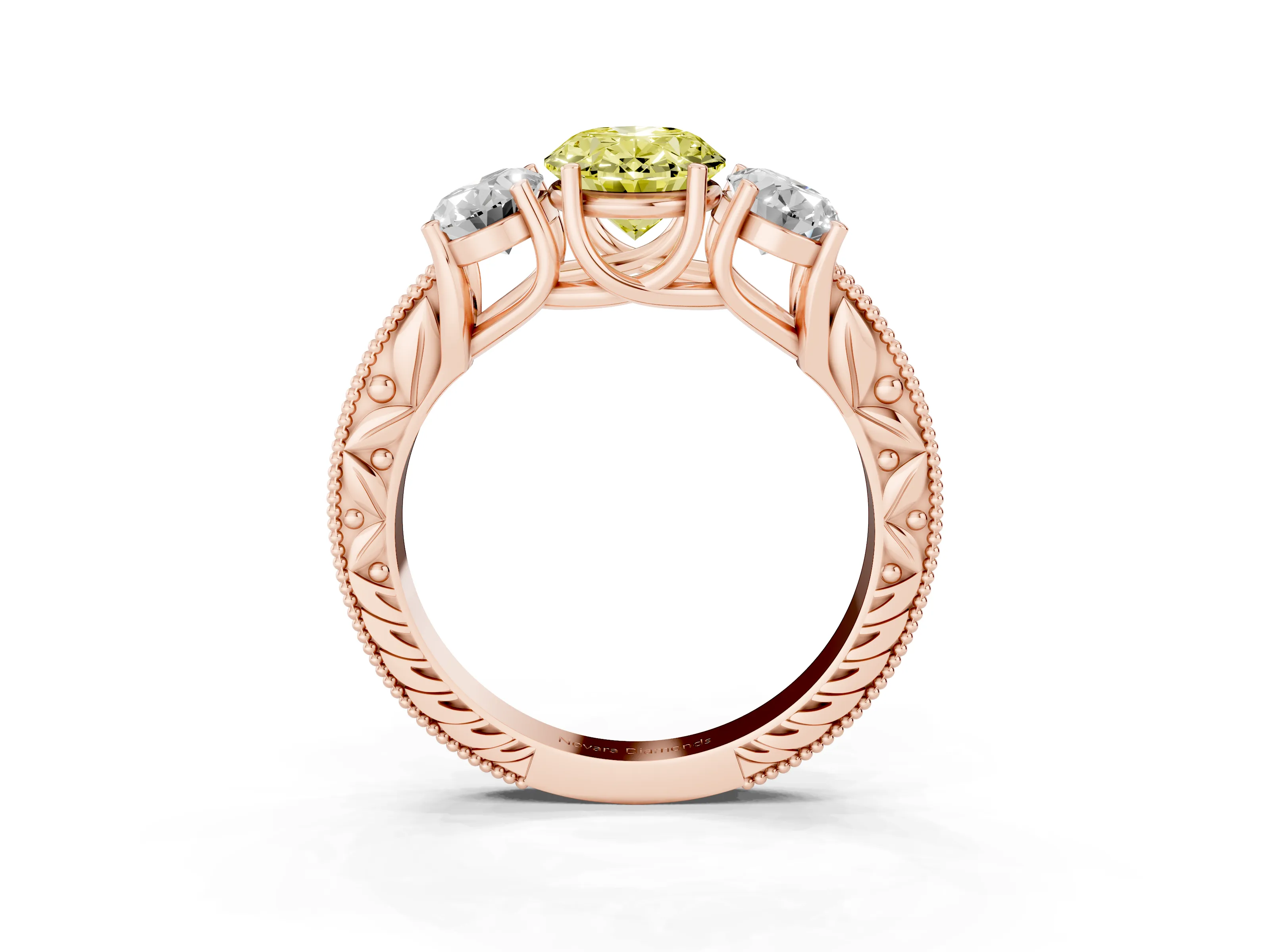 Fancy Yellow Oval Cut Diamond Three-Stone Engagement Ring Set in Rose gold with Milgrain Pavé Band