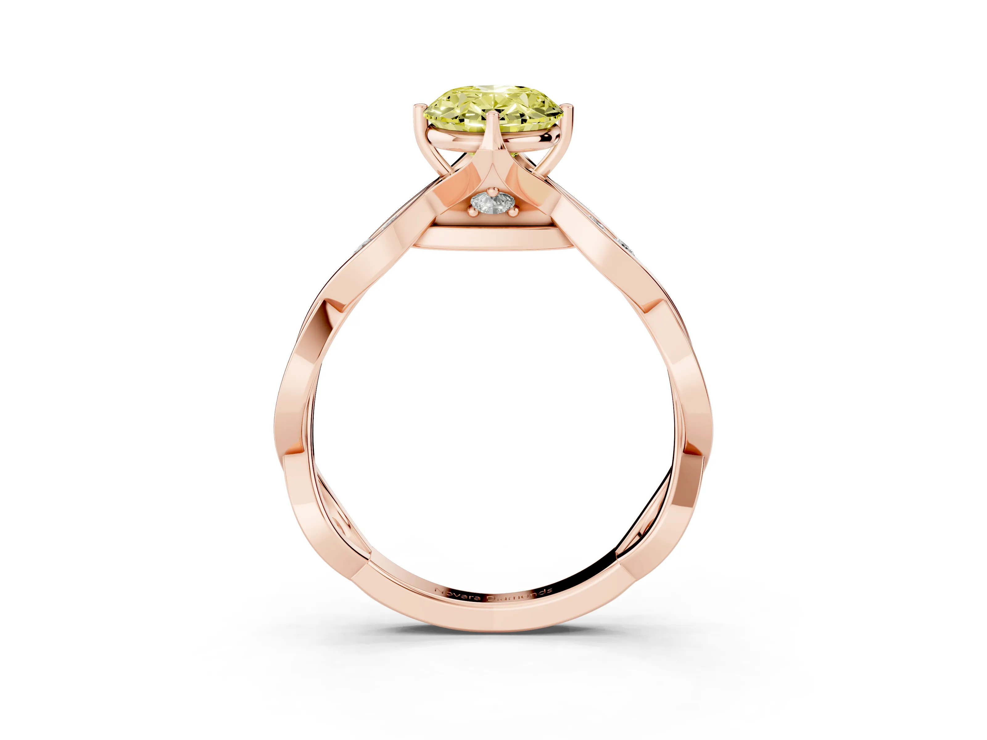 Fancy Yellow Oval Cut Diamond Twist Band Solitaire Ring Set in Rose gold with Leaf Prong Setting and Accent Stones
