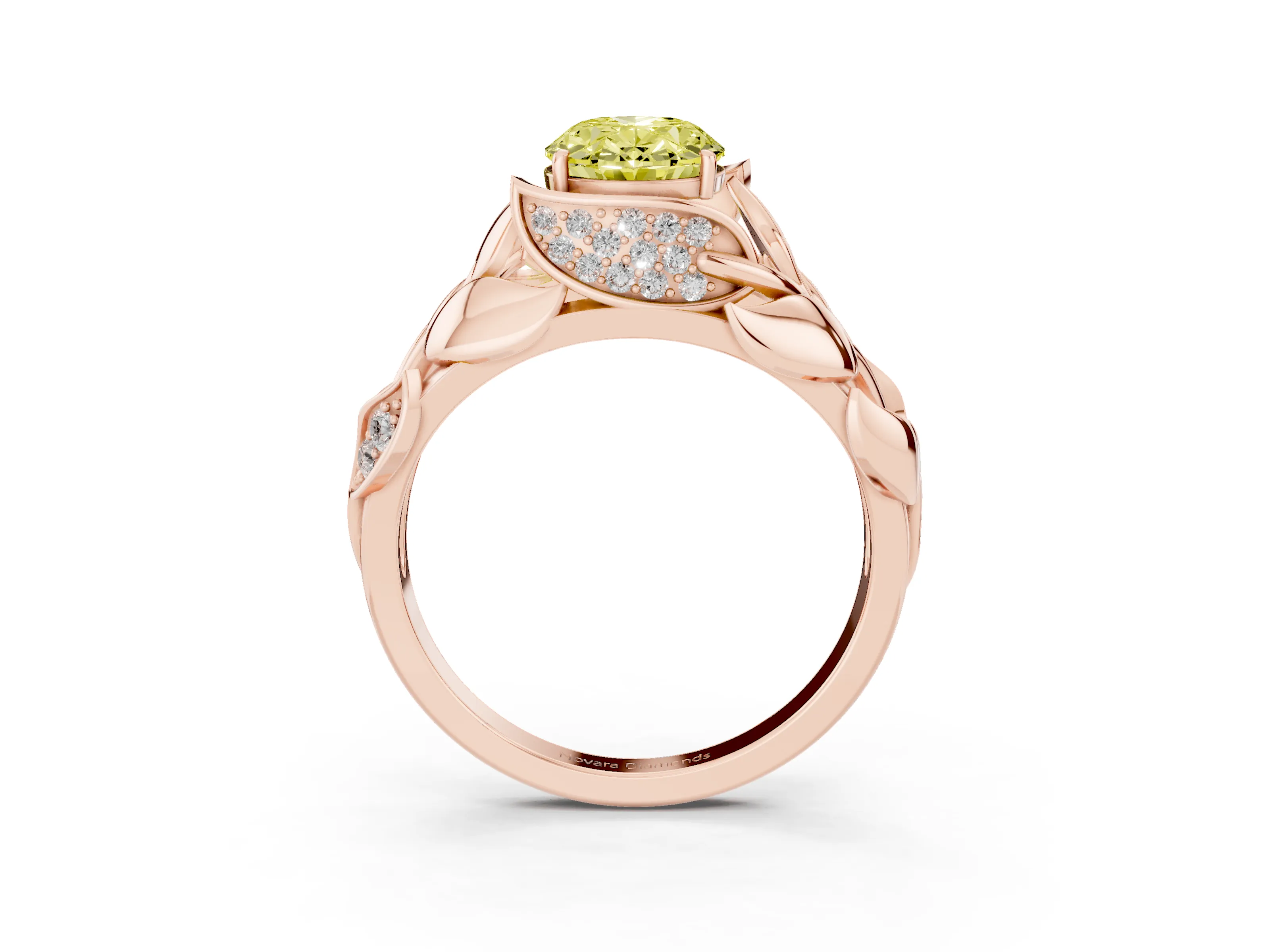 Fancy Yellow Oval Cut Diamond Leaf-Inspired Engagement Ring Set in Rose gold with Round Accents