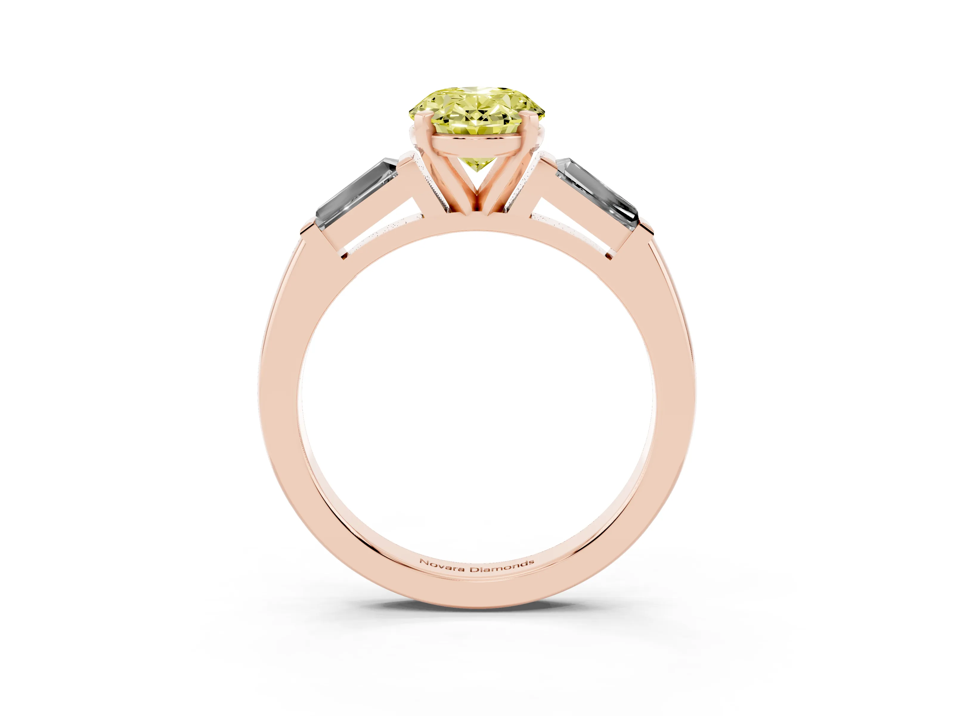 Fancy Yellow Oval Cut Diamond Solitaire Ring Set in Rose gold with Tapered Baguette Side Stones and Prong Setting