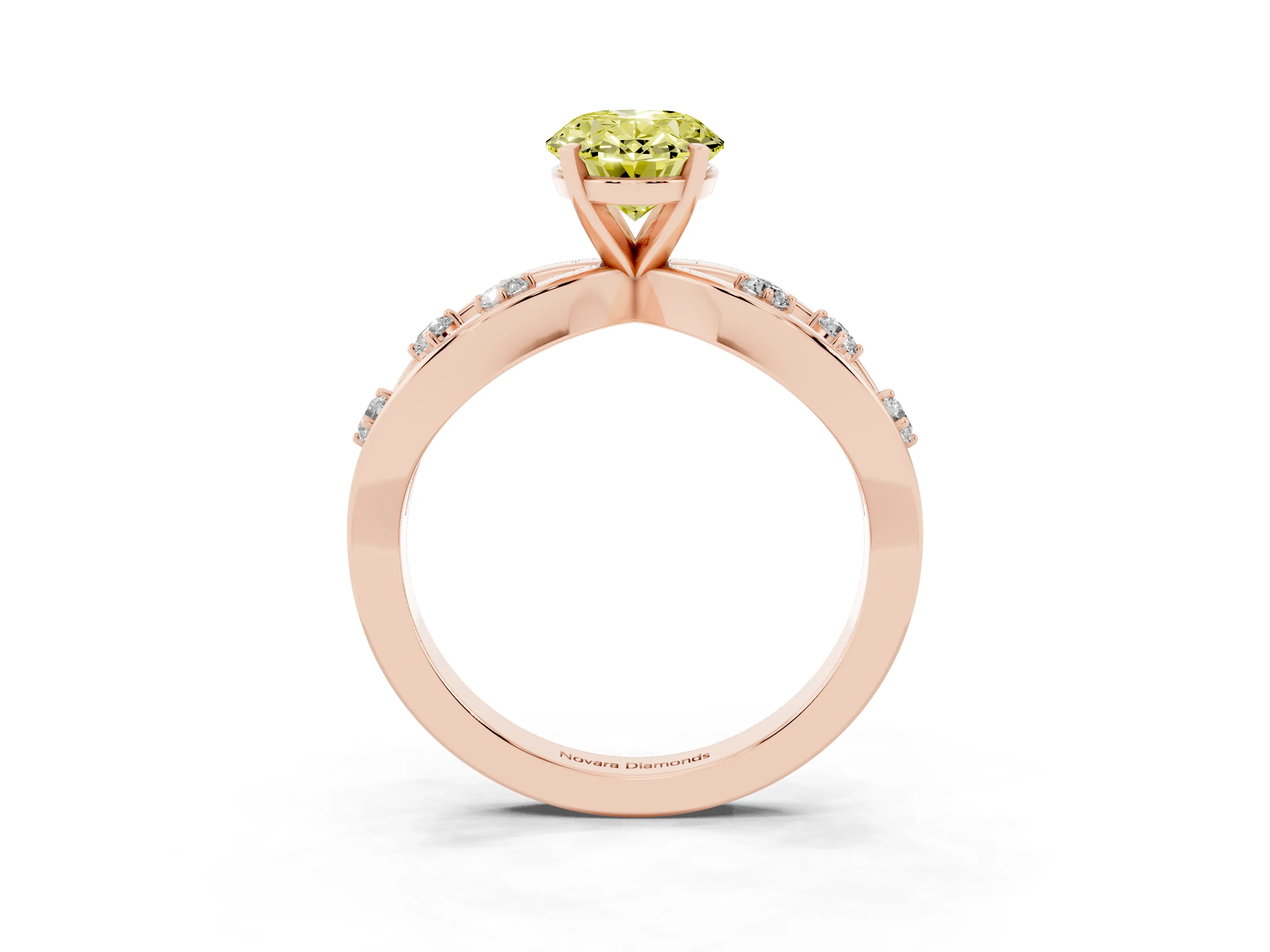 Fancy Yellow Oval Cut Diamond Solitaire Ring Set in Rose gold with Side Stones on Criss-Cross Band and Prong Setting