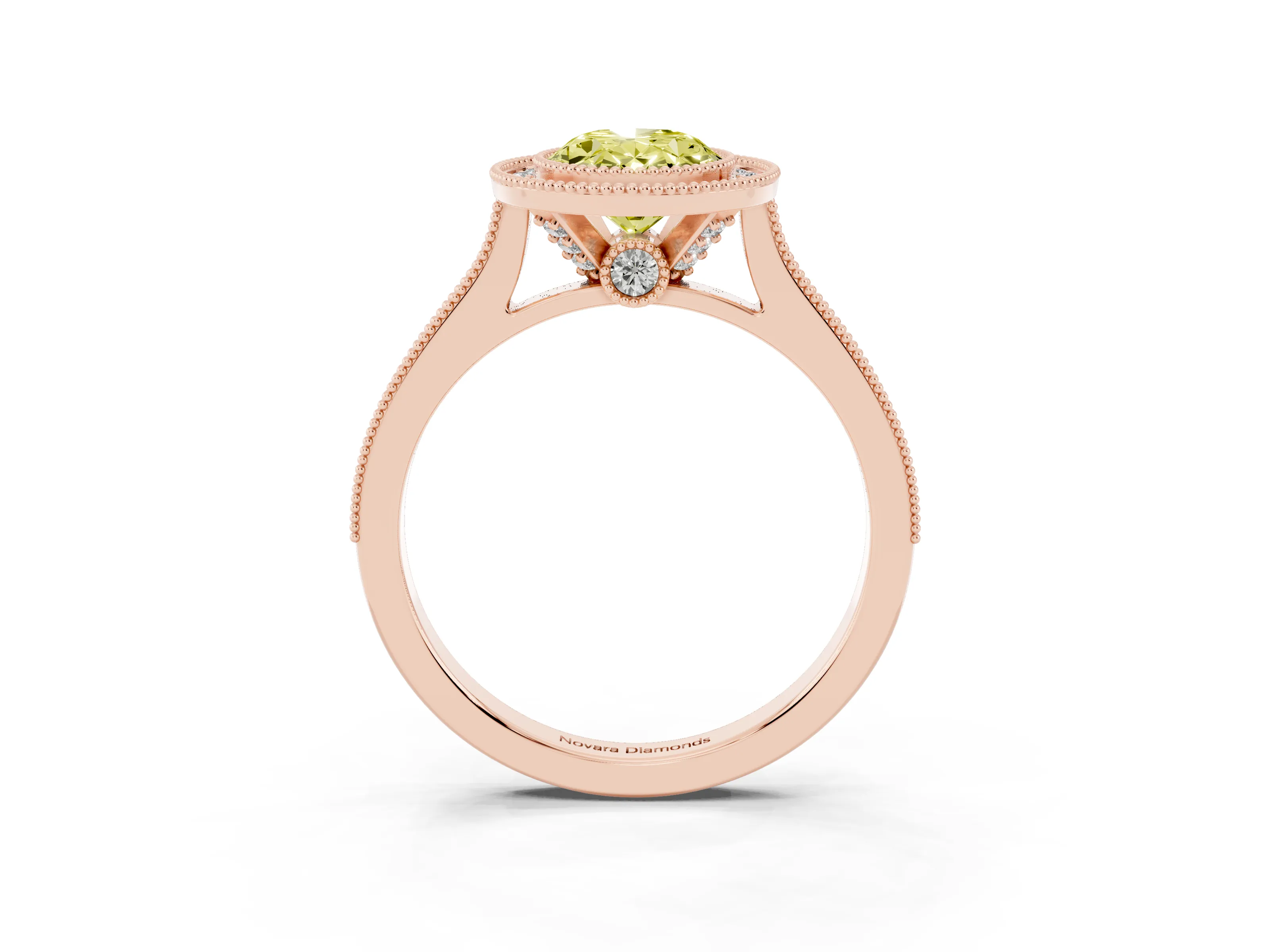 Fancy Yellow Oval Cut Diamond Halo Milgrain Pavé Band Ring Set in Rose gold with Prong Setting